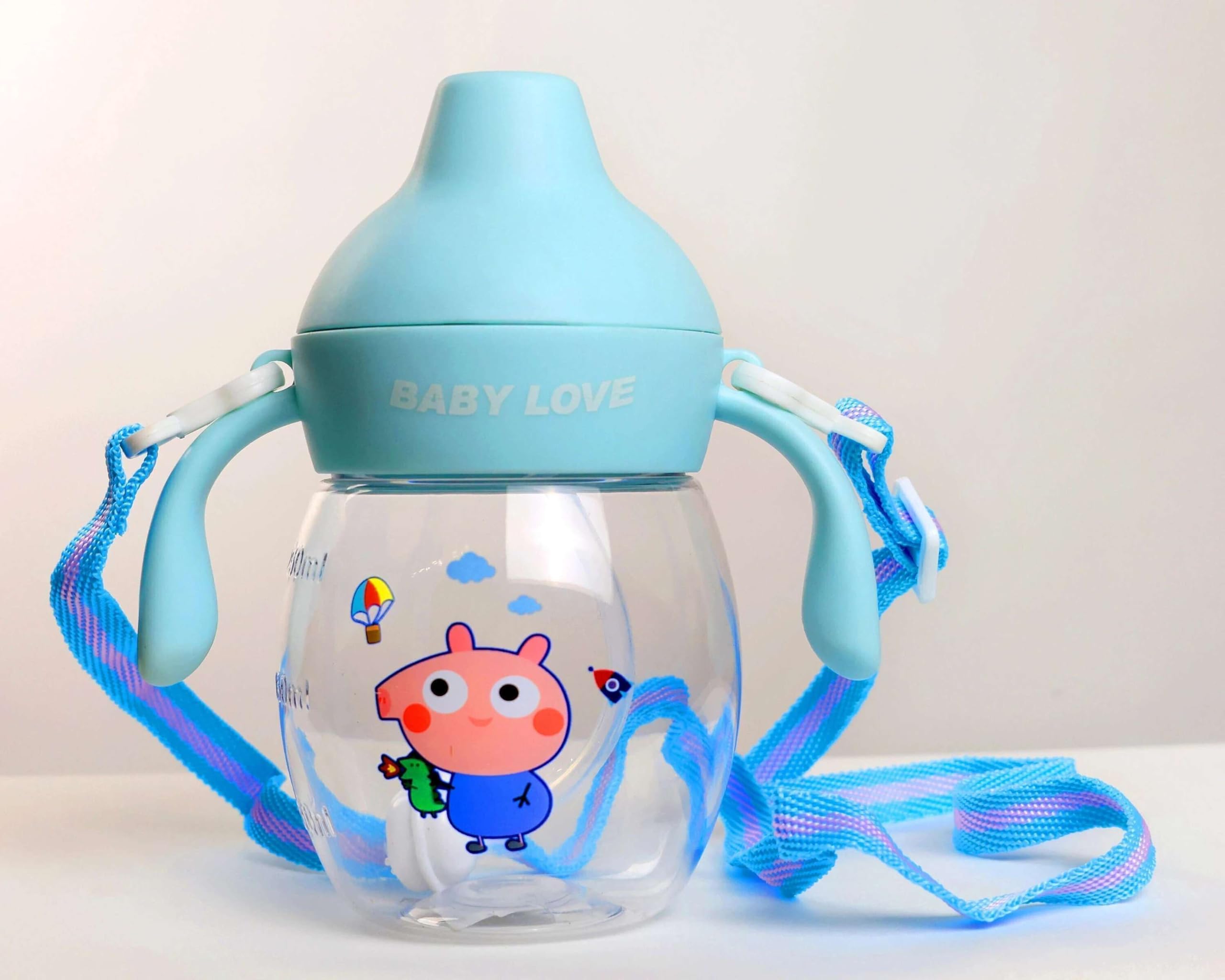 Baby Love Sippy Cup with Handles and Shoulder Strap, Blue,pack of 1 | Cartoon Print, Toddler Training Cup, Leak-Proof Spout, Transparent Body, with Carry Strap-image-40