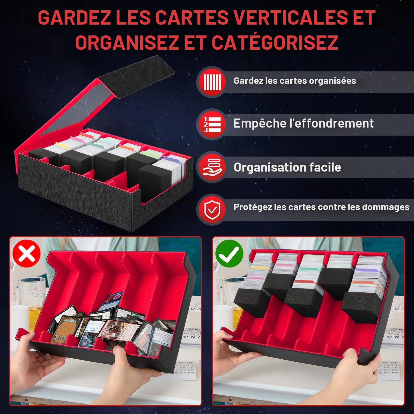 AOBOPLE Boîte de 5 Rangées Rangement de Cartes Pour 3900+ Cartes,Avec 48 Intercalaires et 5 Supports en Mousse,Boîte Rangement Carte Magnétiques de Qualité Supérieure,Rangement Cartes de Spor(Rouge)