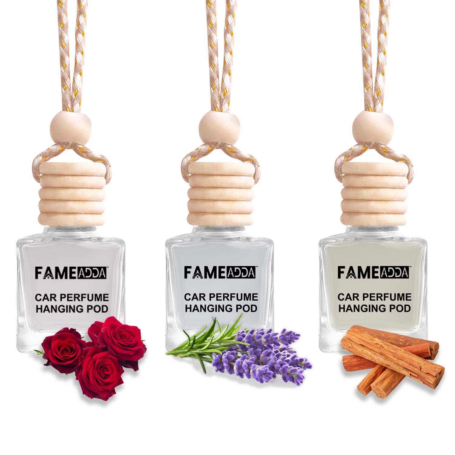 10 ML Premium Rose Lavender & Sandalwood Pack of 3 Car Perfume Hanging Pod/Car Perfume Luxury Air Freshener Natural Fragrance Oils in Glass Bottle with Wooden Diffuser Lid/Last Upto 60 Days-image-42