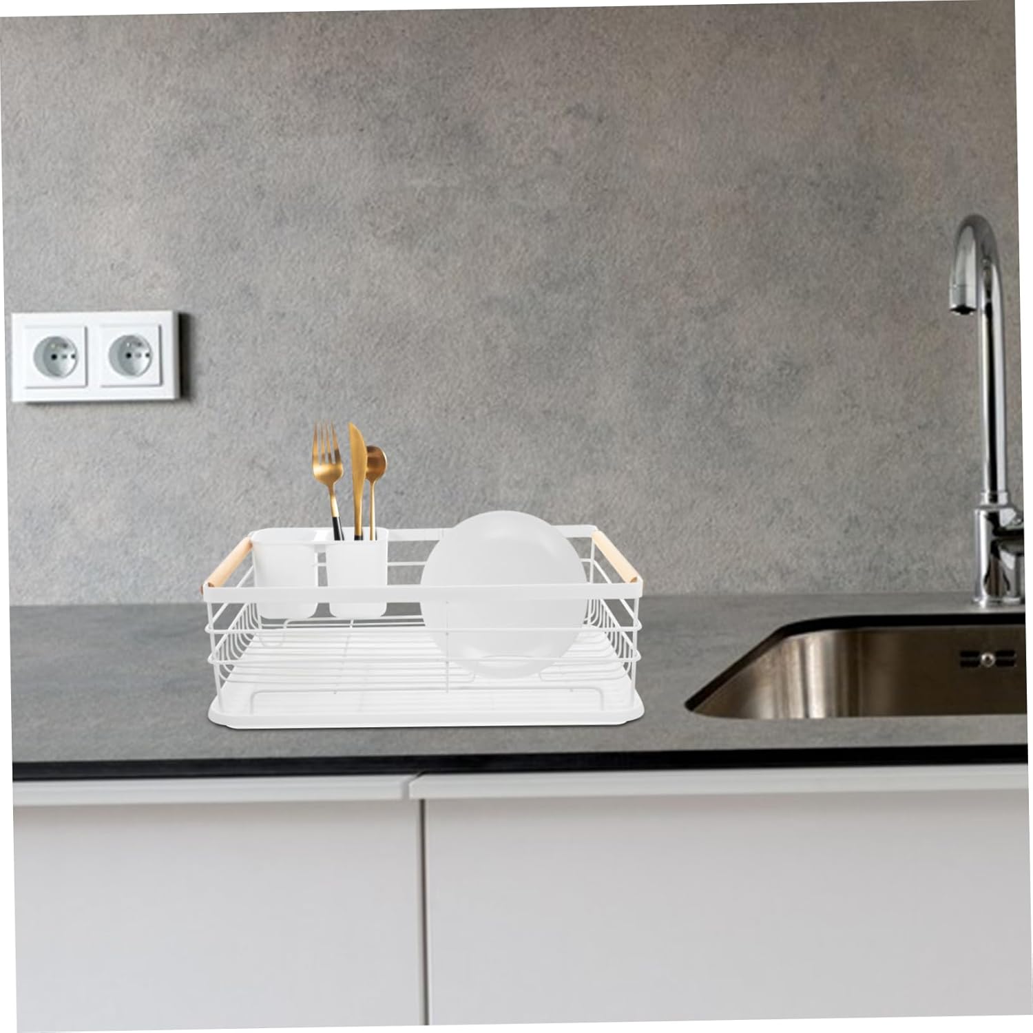 Garneck Kitchen Dish Drainer Cutlery Holder Drying Rack for Kitchen Countertop Sturdy Dish Rack Bowl White