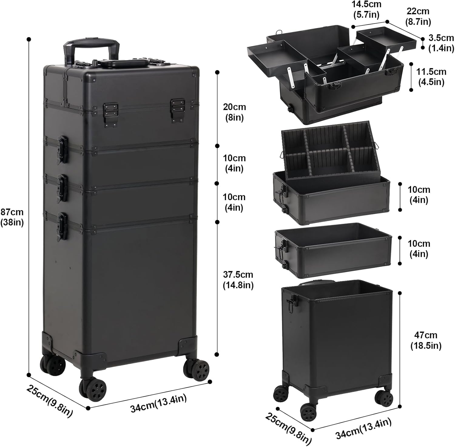 Professional Rolling Makeup Case, Cosmetology Case on Wheels 4 in 1 Large Cosmetic Train Case, Ideal Gift for Hairstylist, Nail Techs, Portable Beauty Organizer for Travel or Salon Use,Black - Image 4