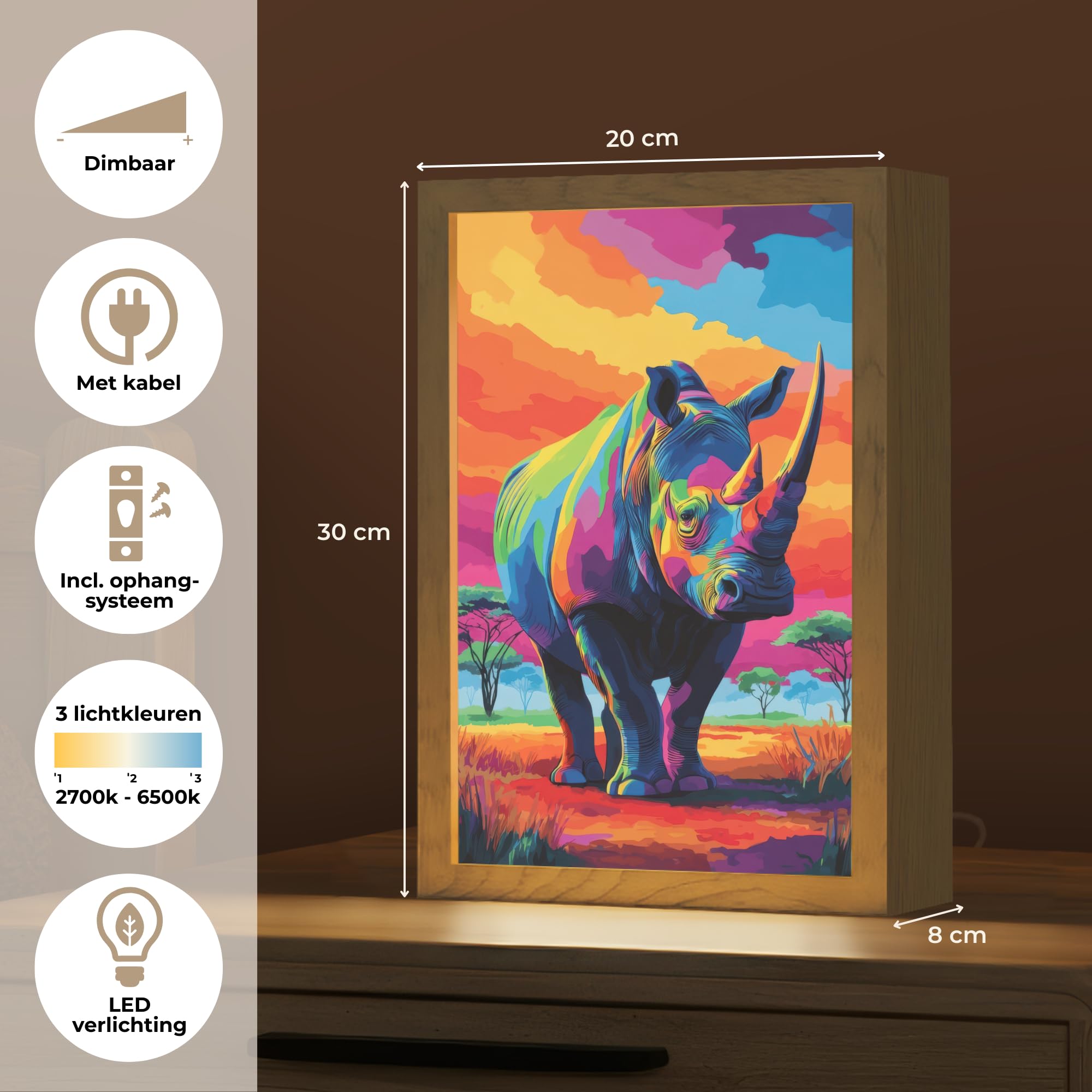 Lampara Led [template] 20x30 cm Luz Mesita De Noche Table Lamp Night Light Lamparas Decoración Lámpara Con cable Rinoceronte - Atardecer - Sabana - Colorido