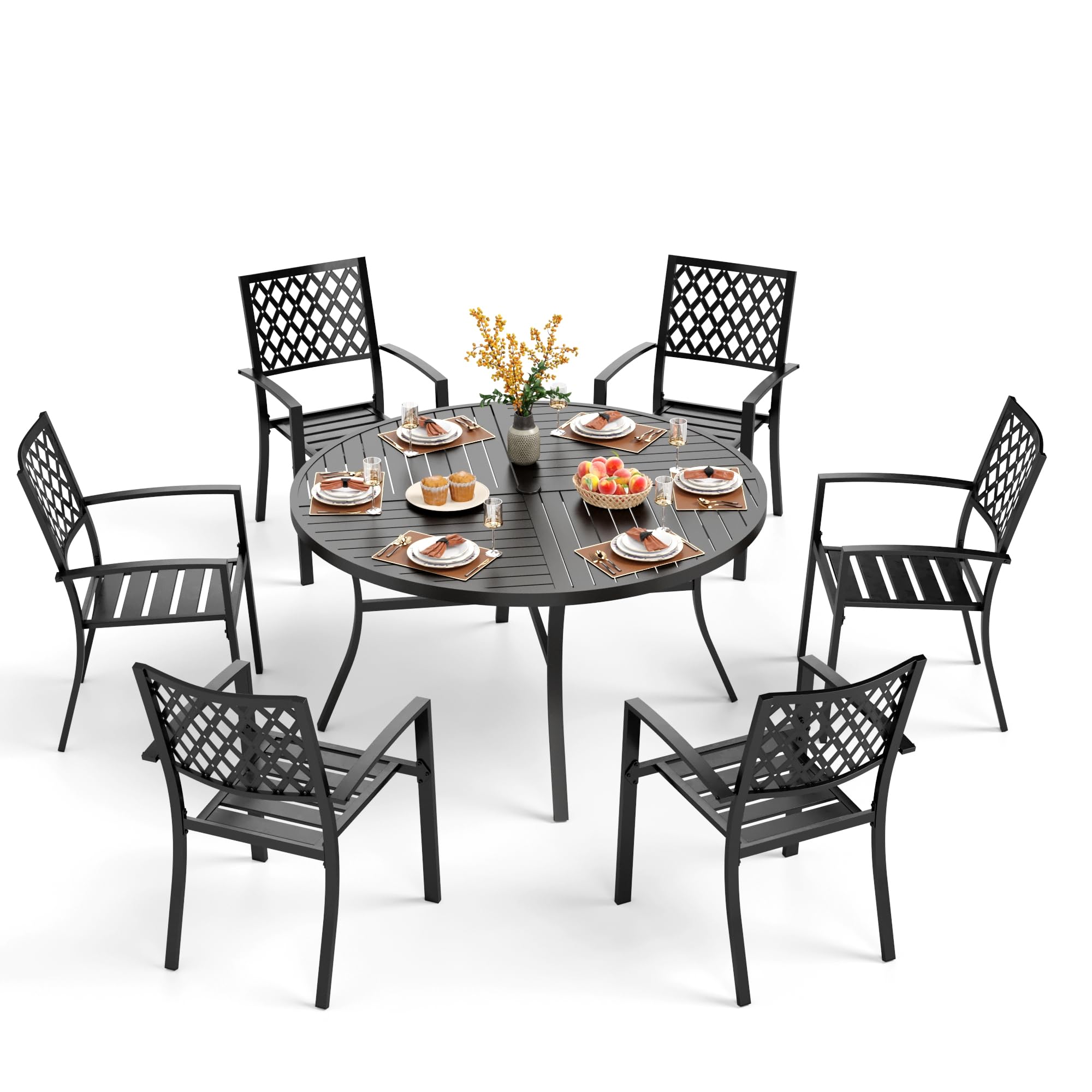 PHI VILLA 7 Pieces Outdoor Round Dining Set for 6, Wrought Iron Dining Table with Umbrella Hole & Stackable Metal Steel Chairs, Modern Dining Furniture Set for Patio, Deck, Backard, Porch