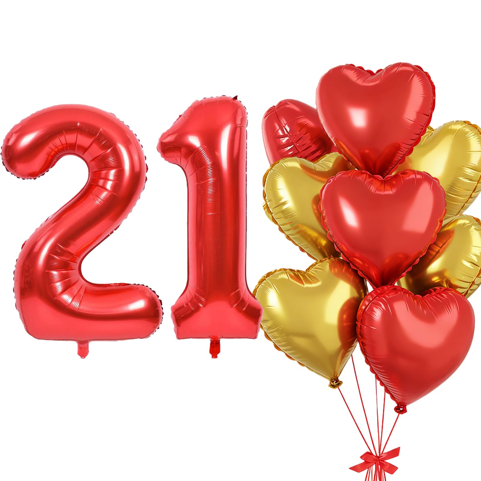 Red Balloon 21, Foil Balloon Number 21, Heart Foil Balloon Red Gold, 40 Inch Helium Balloon 21 & 12 with Heart Balloons, Balloon 21st Birthday Decoration Set for Birthday Anniversary Party Decoration