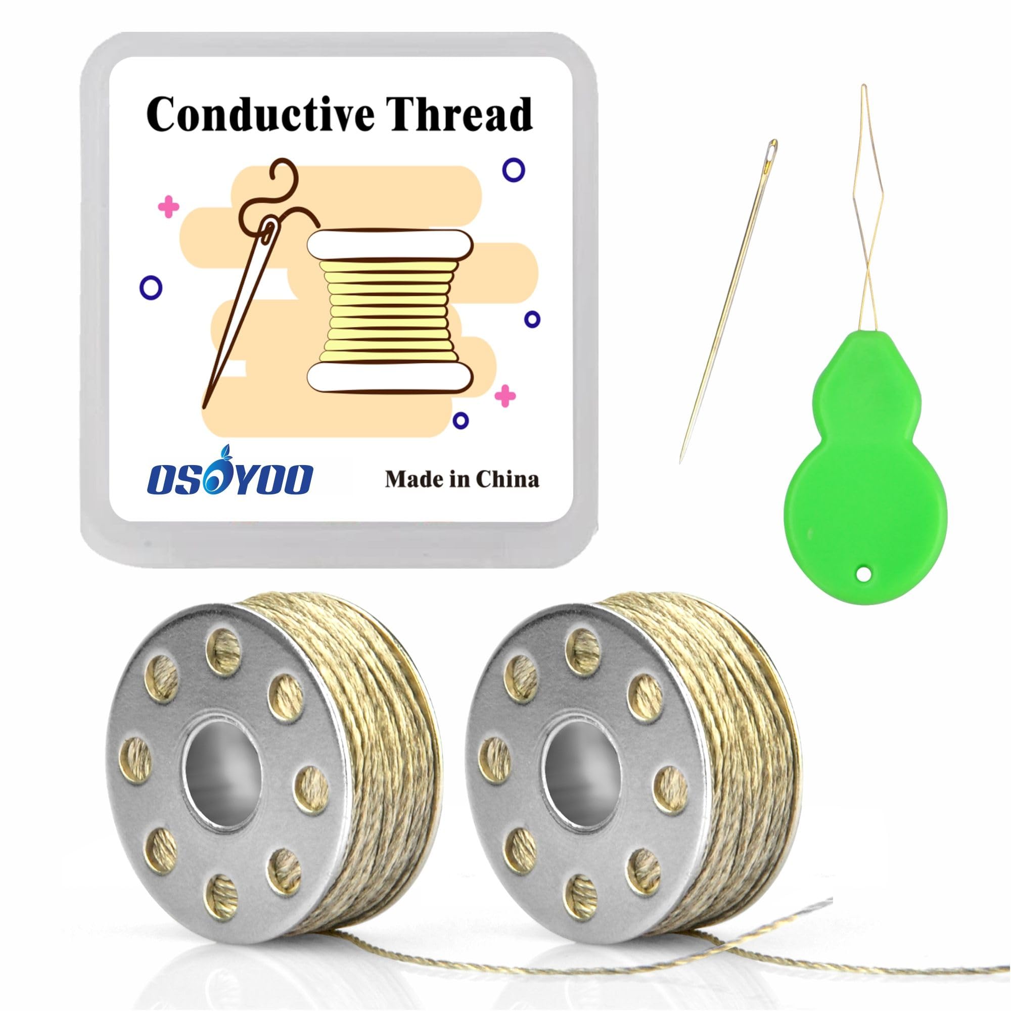 Conductive Thread 2 Bobbins 65ft/20m 60-80 Ω/m 2Ω/ft Smooth Sewable for Arduino Lilypad with Needle Threader