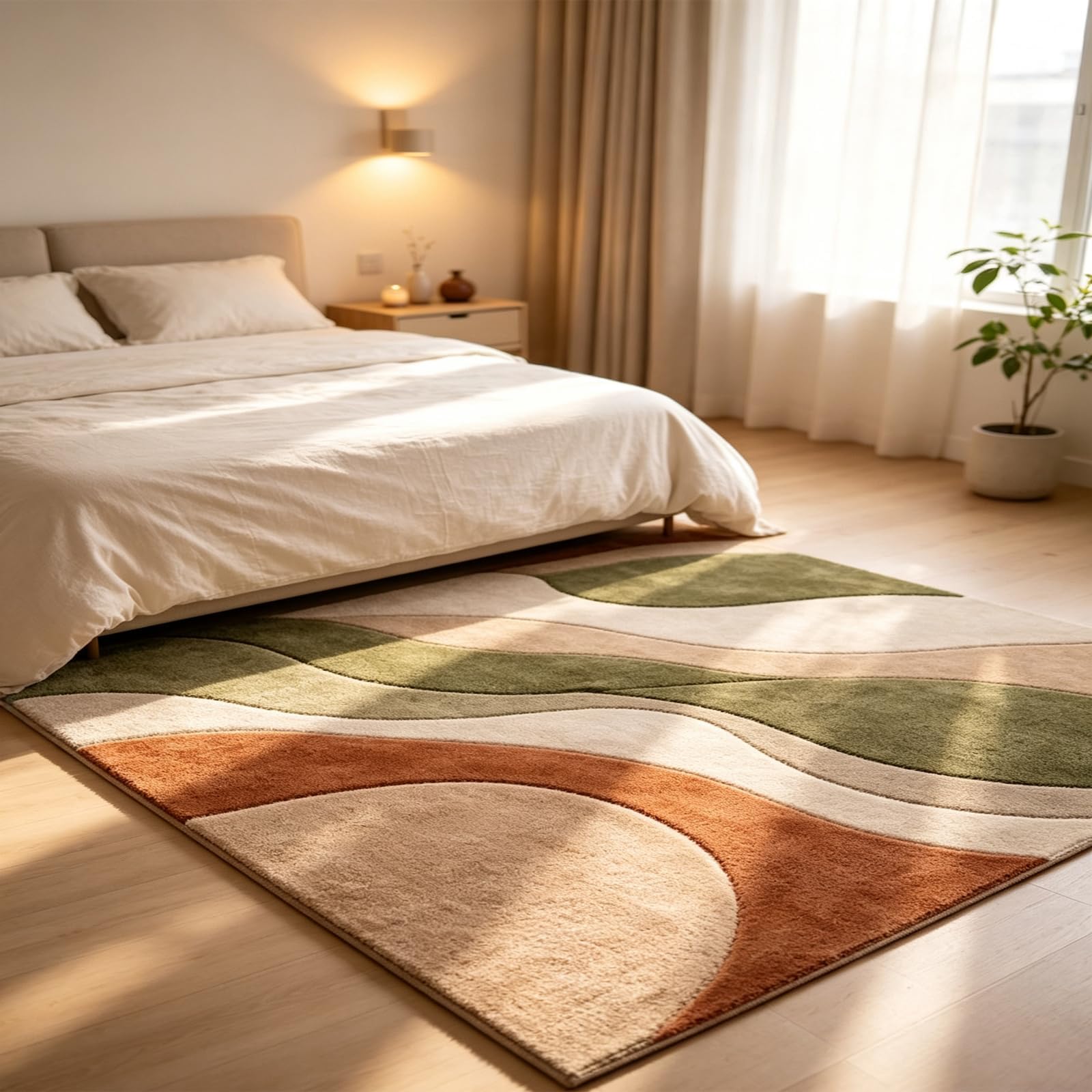 Géométriques à Vagues Tapis Salon, 160 x 200 cm, Vert Terracotta et Beige, Tapis Moderne à Rayures et Blocs de Couleur pour Chambre, Moquette antidérapant pour Salle à Manger, Bureau