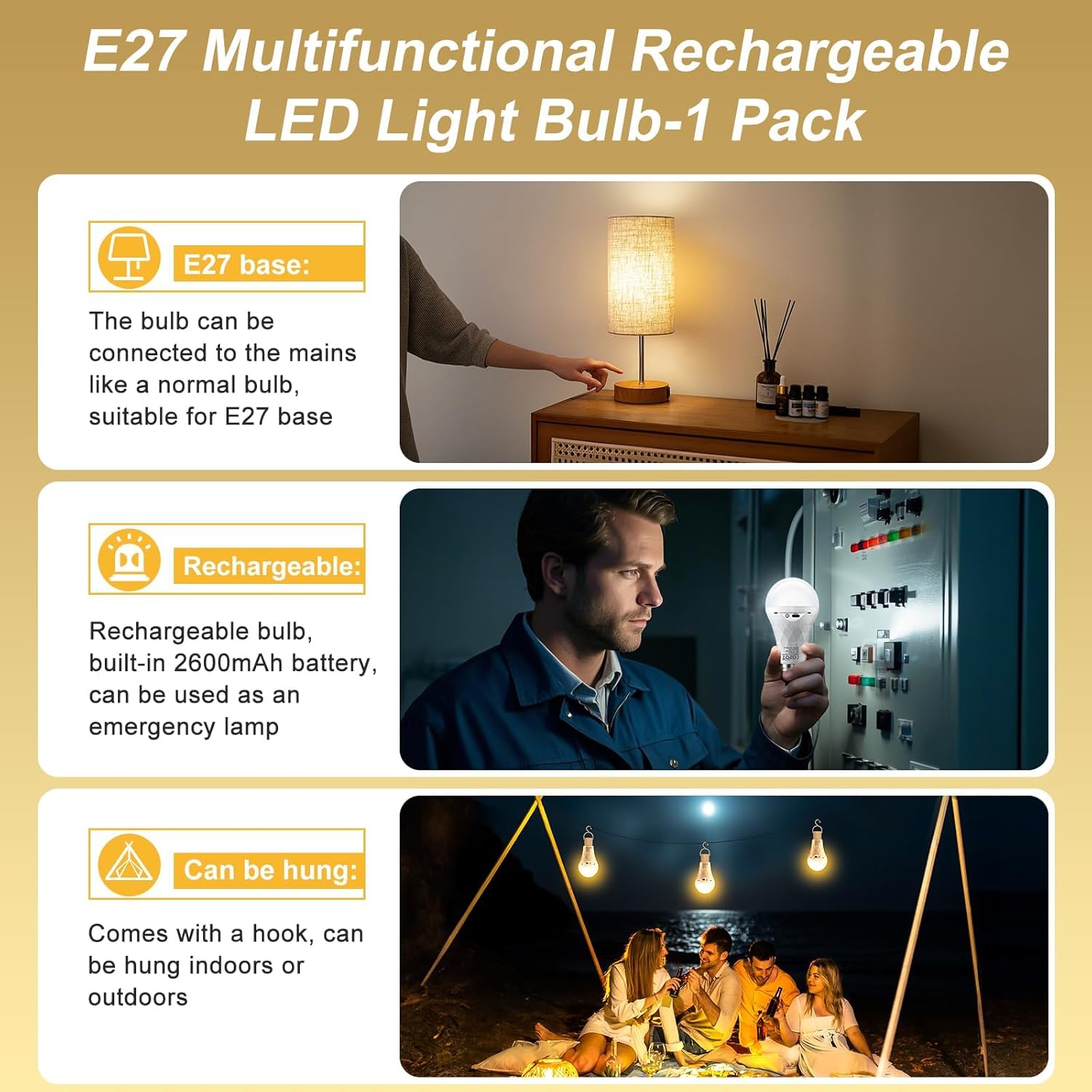 E27 2600mAh Lampadina LED Ricaricabile con Telecomando Timer, Lampada Emergenza Dimmerabile (3000K/4000K/6500K), Attacco&USB Ricaricabile Doppia Funzione per Lampade Senza Corrente/Campeggio 4 Pezzi