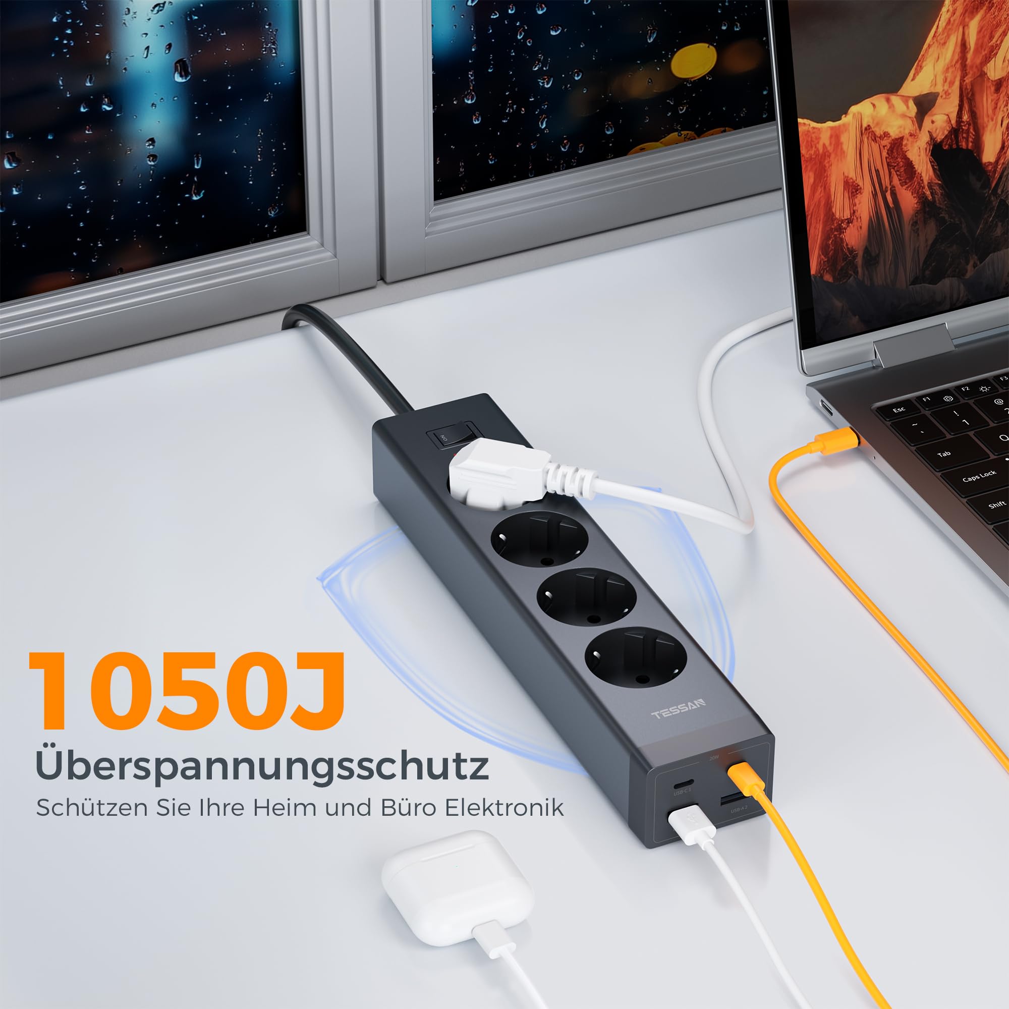TESSAN 4-drożne gniazdko wielokrotne z przedłużaczem 2 m, czarne | Listwa zasilająca z 2 gniazdami USB C i 2 USB A, wtyczka wielokrotna z przełącznikiem, 3600 W, listwa zasilająca