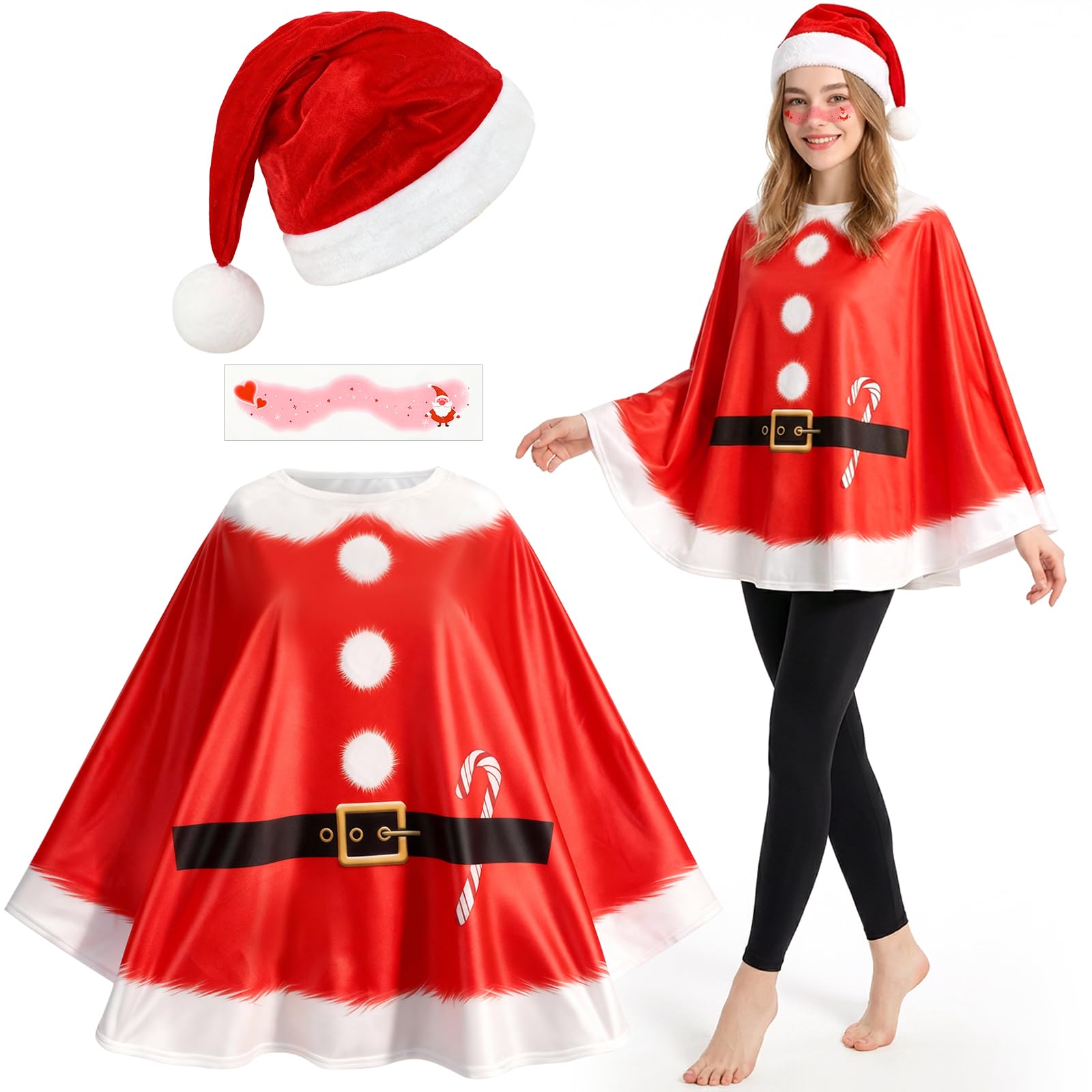 3 PCS Christmas Costumes for Women Adult, Christmas Poncho - Santa Claus Snowman Elf Reindeer Cape Cloak Headband Hat Face Tattoo, Xmas Fancy Dress Outfit Accessories for Festive Xmas Party Cosplay — image 1