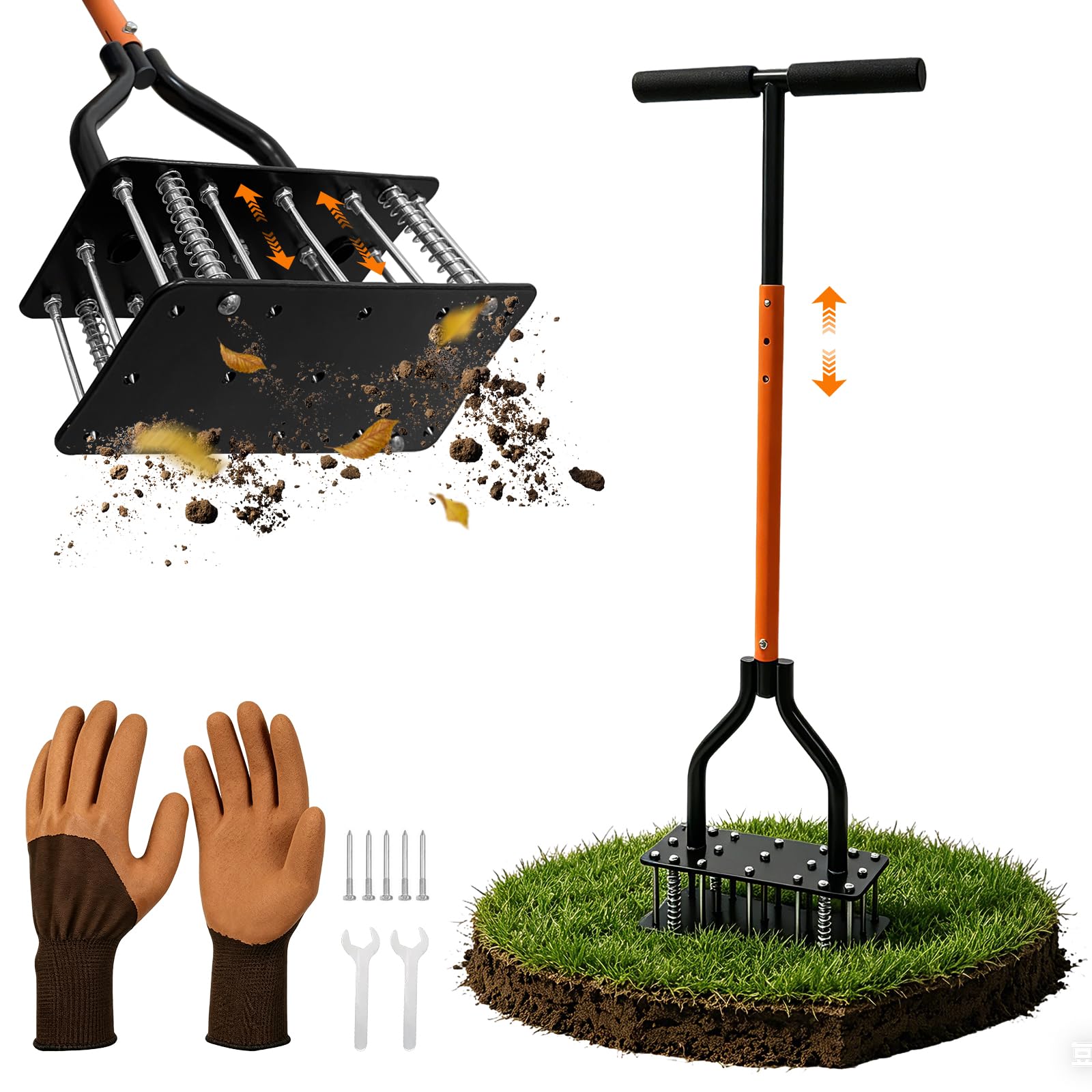 Herramienta aireadora de césped con 15 puntas afiladas, aireador manual de césped para patio con expulsión automática de suelo y resorte de doble capa, aireador de jardín de metal resistente