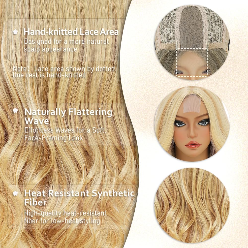 Mixed Blonde Long Wavy Wig for Women 26 Inch Middle Part Synthetic Curly Wigs Natural Hairline Heat Resistant Fiber Natural Looking for Daily Wear Party Costume