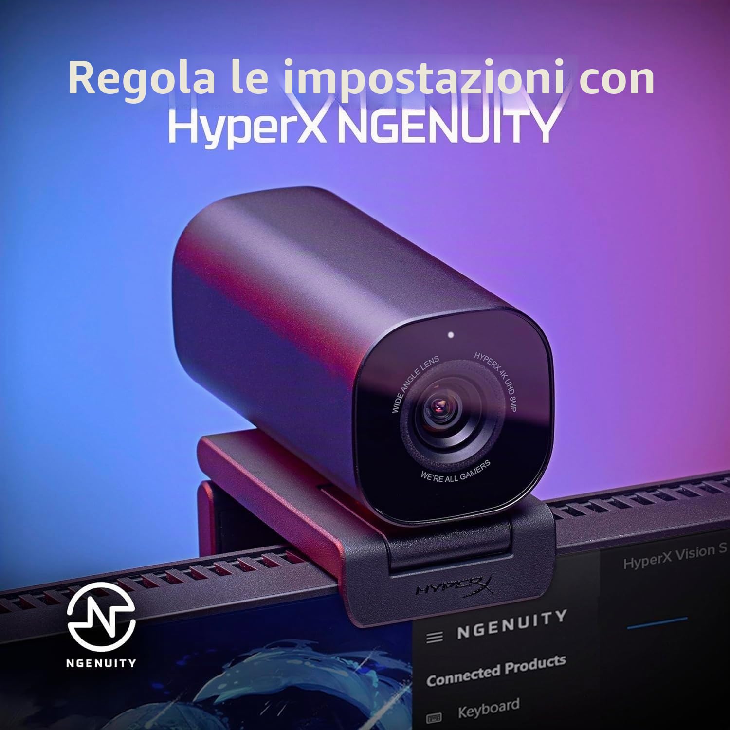 HyperX Vision S Webcam, 4K a 30 fps, FHD a 60 fps, Campo visivo fino a 90°, Sensore Sony Starvis 8 Megapixel, Ruotabile e Inclinabile, Windows Hello, Zoom, Teams, OBS, Discord, PC e Mac, Nero