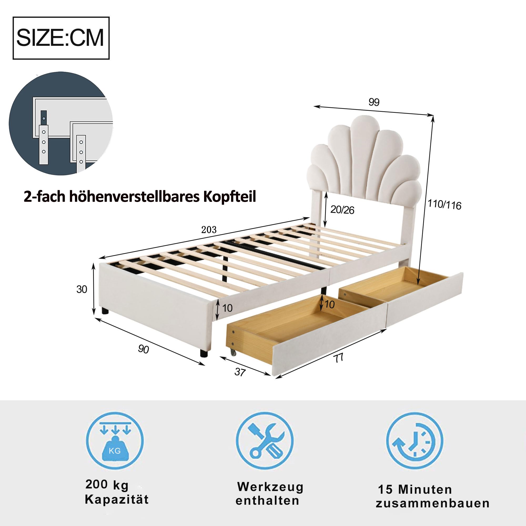 Dolamaní Jugendbett Mädchen Bett 90x200 cm, Höhenverstellbarem Kopfteil-geblümtem, Lattenrost Holz, 2 Schubladen mit Rollen, Polsterbett Sam Beige
