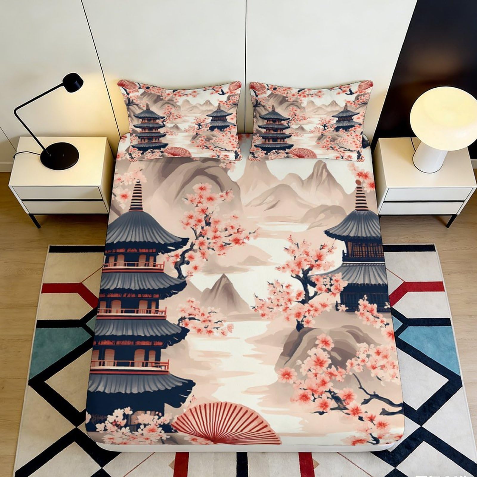 3D Printed Japanese Sakura Pagoda Fitted Sheet Microfiber Soft Decorative Asian Landscape Bed Cover for Bedroom Guest Room 90x200x25cm