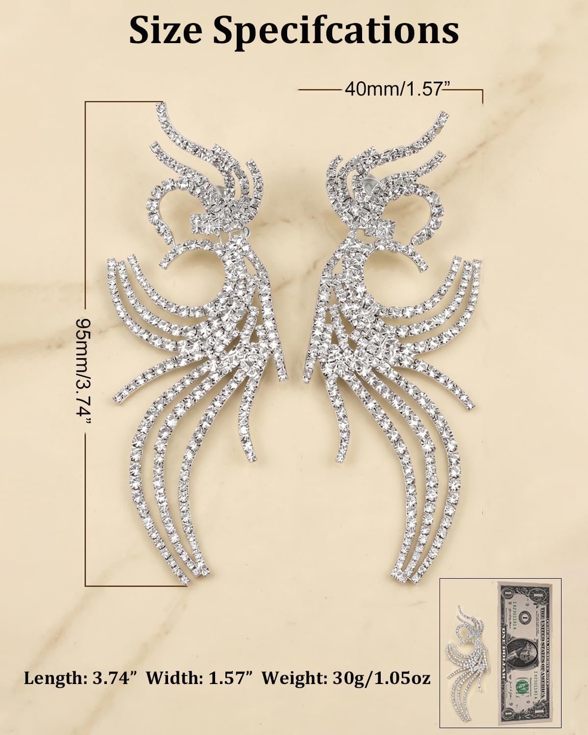 Silver Rhinestone Clip On Earrings For Women Oversized Crystal Statement Dressy Earrings Large Earring Trendy Jewelry