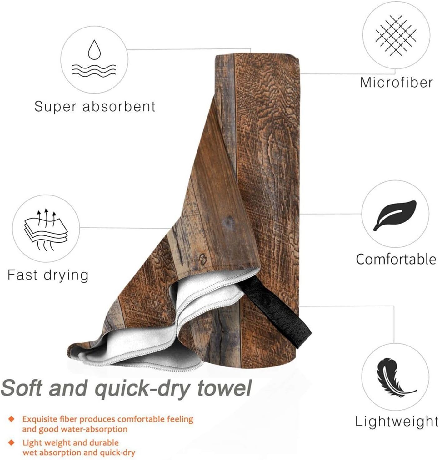 Brown Wood Print Quick Dry Towel with Hanging Loop and Storage Bag for Travel, Gym, Camping