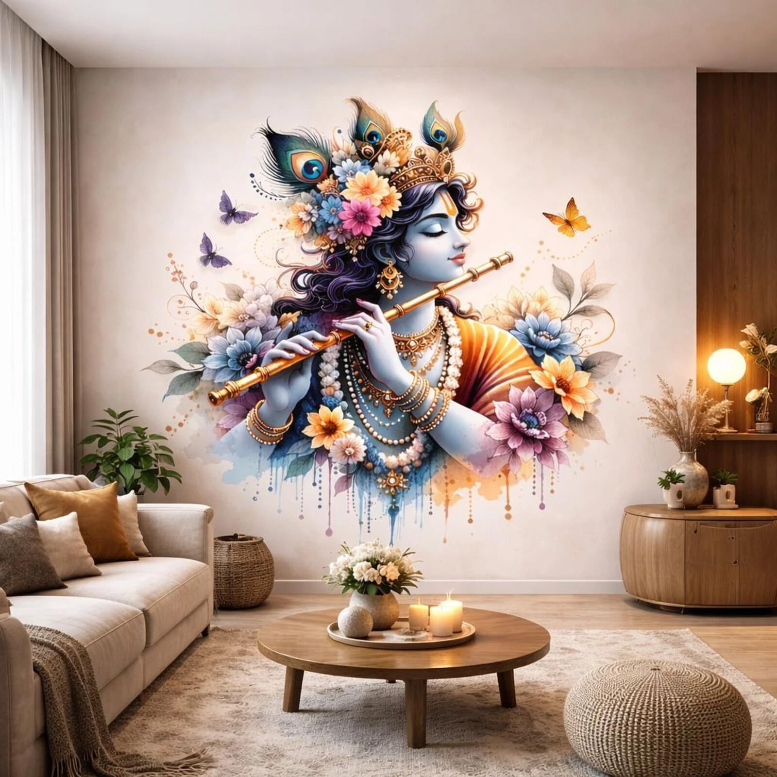 Lord Krishna Playing Flute Wall Sticker, Watercolour Floral Design, 3D Spiritual Decor for Puja Room, Bedroom, Living Room-image-14
