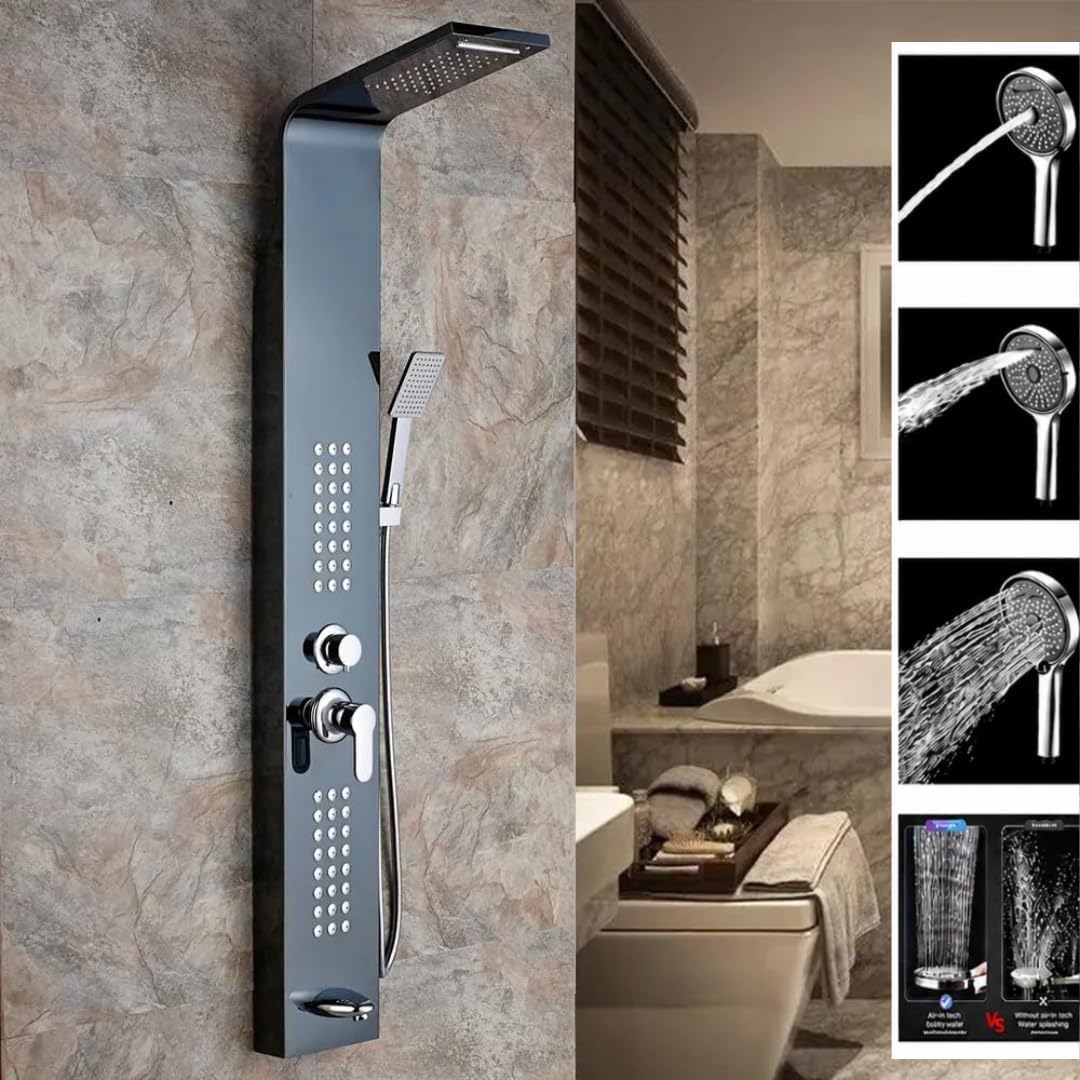 ZeeCry Shower panel Bathroom Full Set Stainless Steel 304 Shower Panel for Bathroom with Hand Shower/Showerhead/Body Massage Jets/Shower System with Hot & Cold Mixer (Mirror Black)