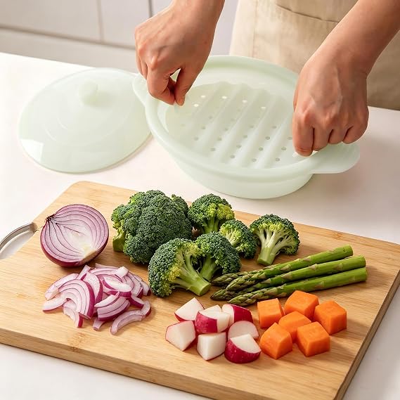 Microwave Steamer Cooker Collapsible Bowl Silicone Baked Potato Cookware with Handle Lid for Vegetables Fish Prep Meal Food with Removable Rack BPA Free Easy to Store Freezer Dishwasher Safe Aqua