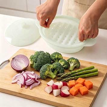 Microwave Steamer Cooker Collapsible Bowl Silicone Baked Potato Cookware with Handle Lid for Vegetables Fish Prep Meal Food with Removable Rack BPA Free Easy to Store Freezer Dishwasher Safe Aqua
