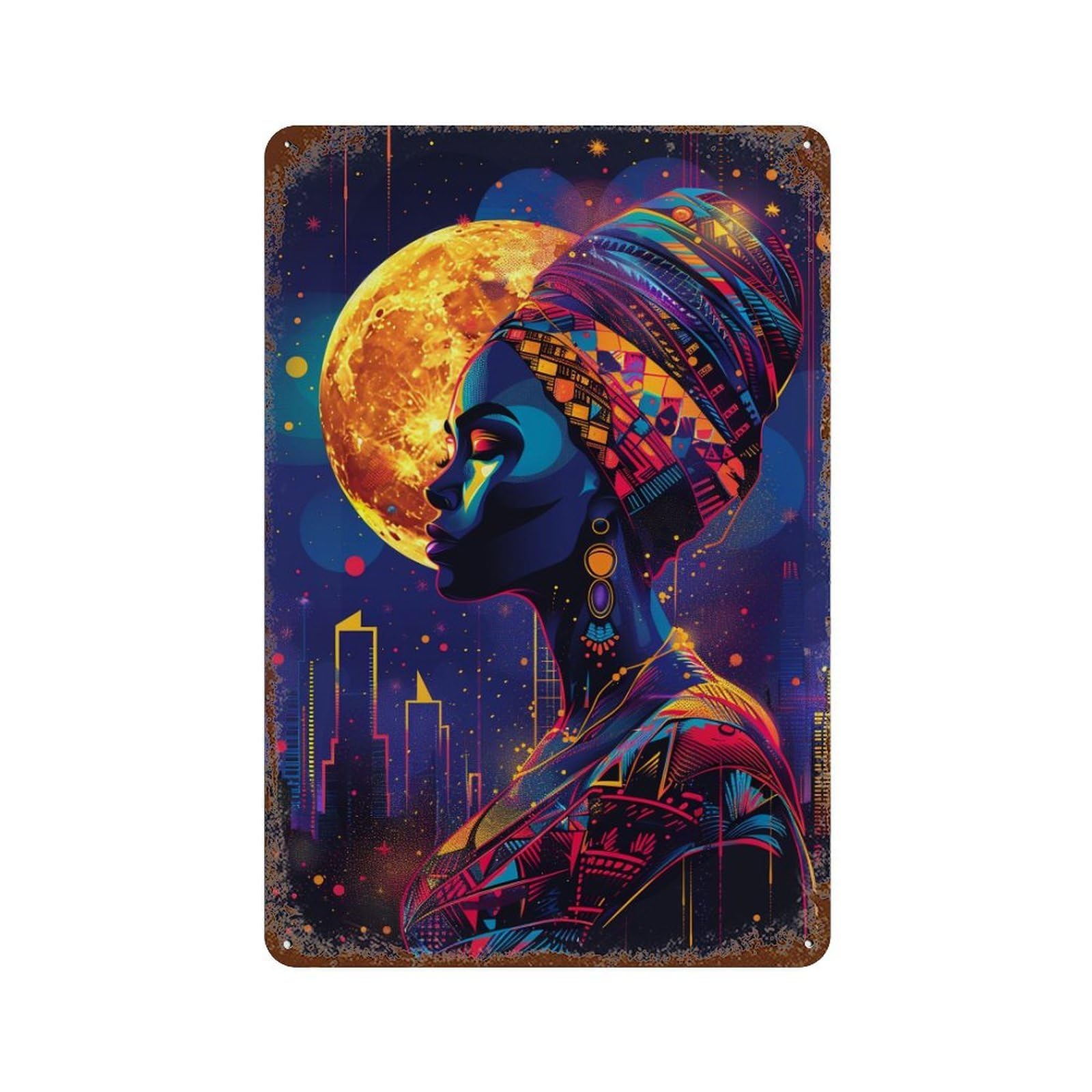 Garage Style Colorful African Woman Art Print Distressed Metal Wall Sign 11.8"x7.9", Shabby Chic Decor for Bar And Workshop