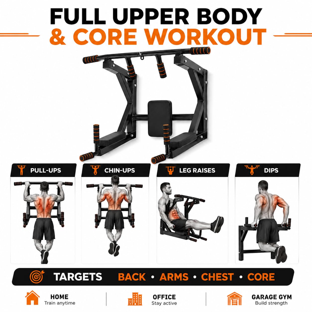 Barra de tracción 4 en 1 para montaje en pared, aptitud para montaje en pared, soporte de pared, estación de dip para gimnasio en interior en casa, asas antideslizantes, Max 200 kg, negro