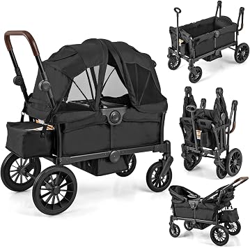 Wagon Stroller for 2 Kids, Collapsible Adjustable Push Pull Handle Bar, 2 Seater Stroller Wagon with Removable Canopy Snack Tray, Comfortable Drop-Down footwell and Upholstered Seats Black