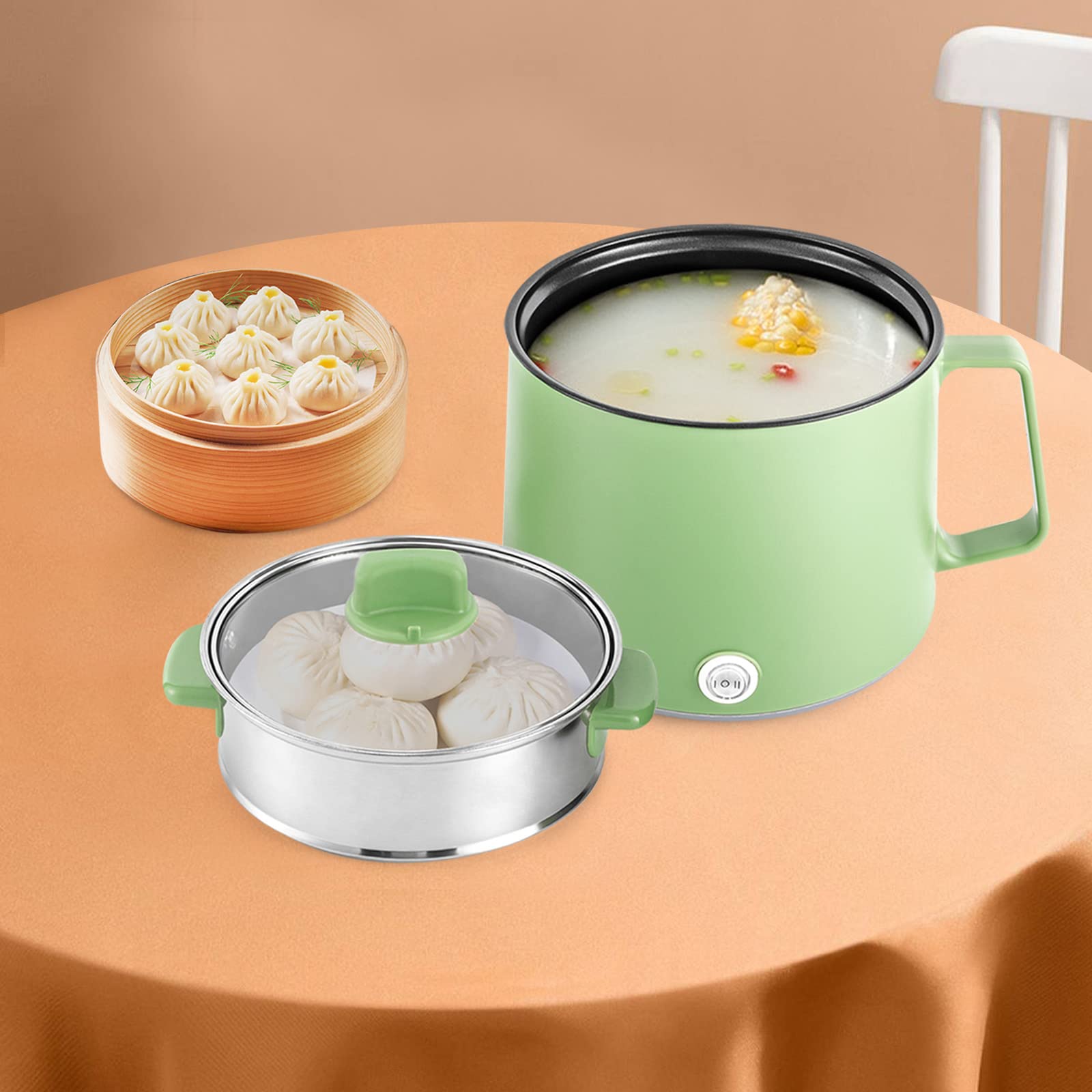 Olla eléctrica de 600 W, olla caliente ramen, olla antiadherente con cesta al vapor, sartén eléctrica portátil multiusos para el hogar, la oficina y el dormitorio universitario (verde)