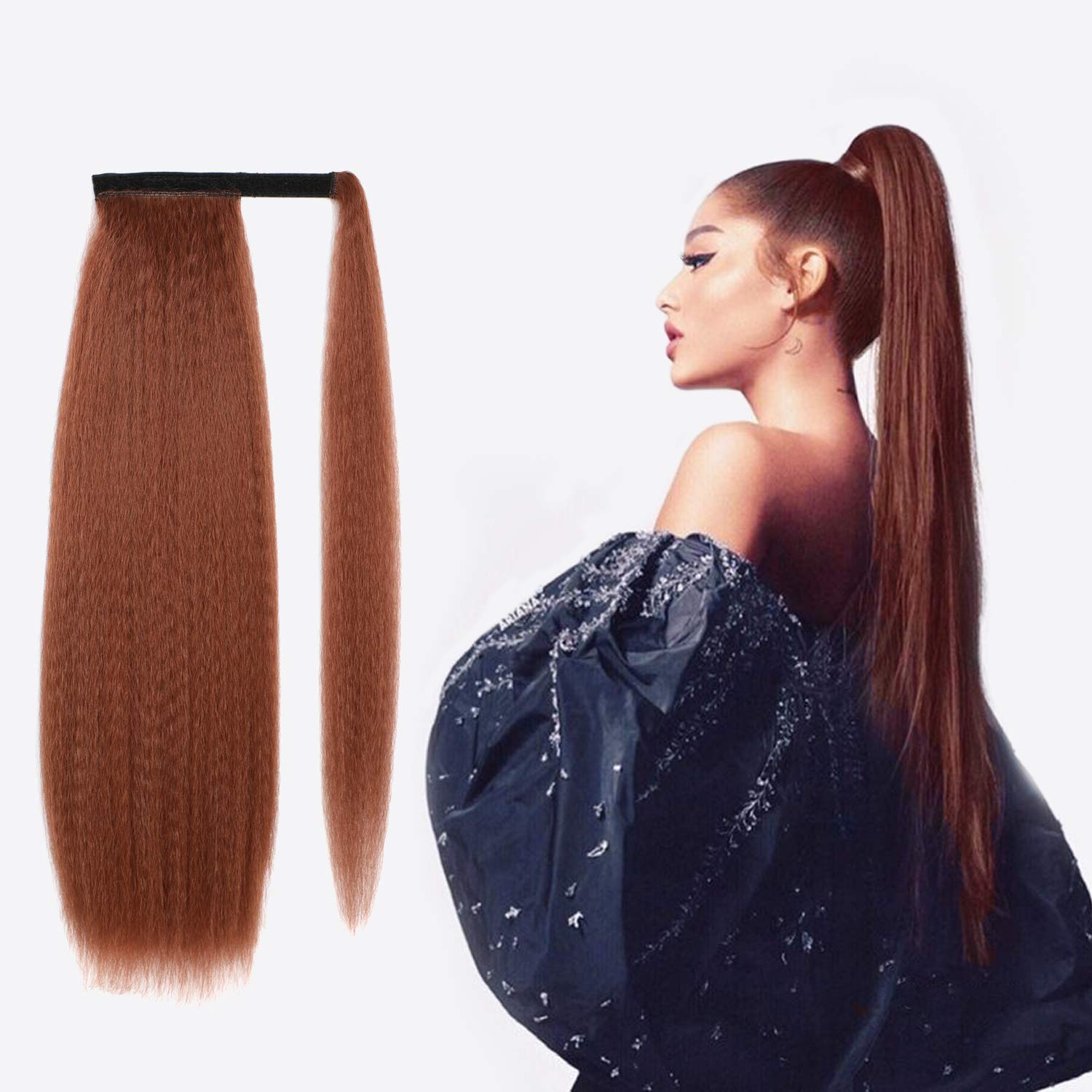 Long Srtaight Ponytail Extension Magic Paste Heat Resistant Yaki Synthetic Wrap Around Ponytail Natural Hairpiece for Women (22inch- Magic Paste, YAKI-30#)