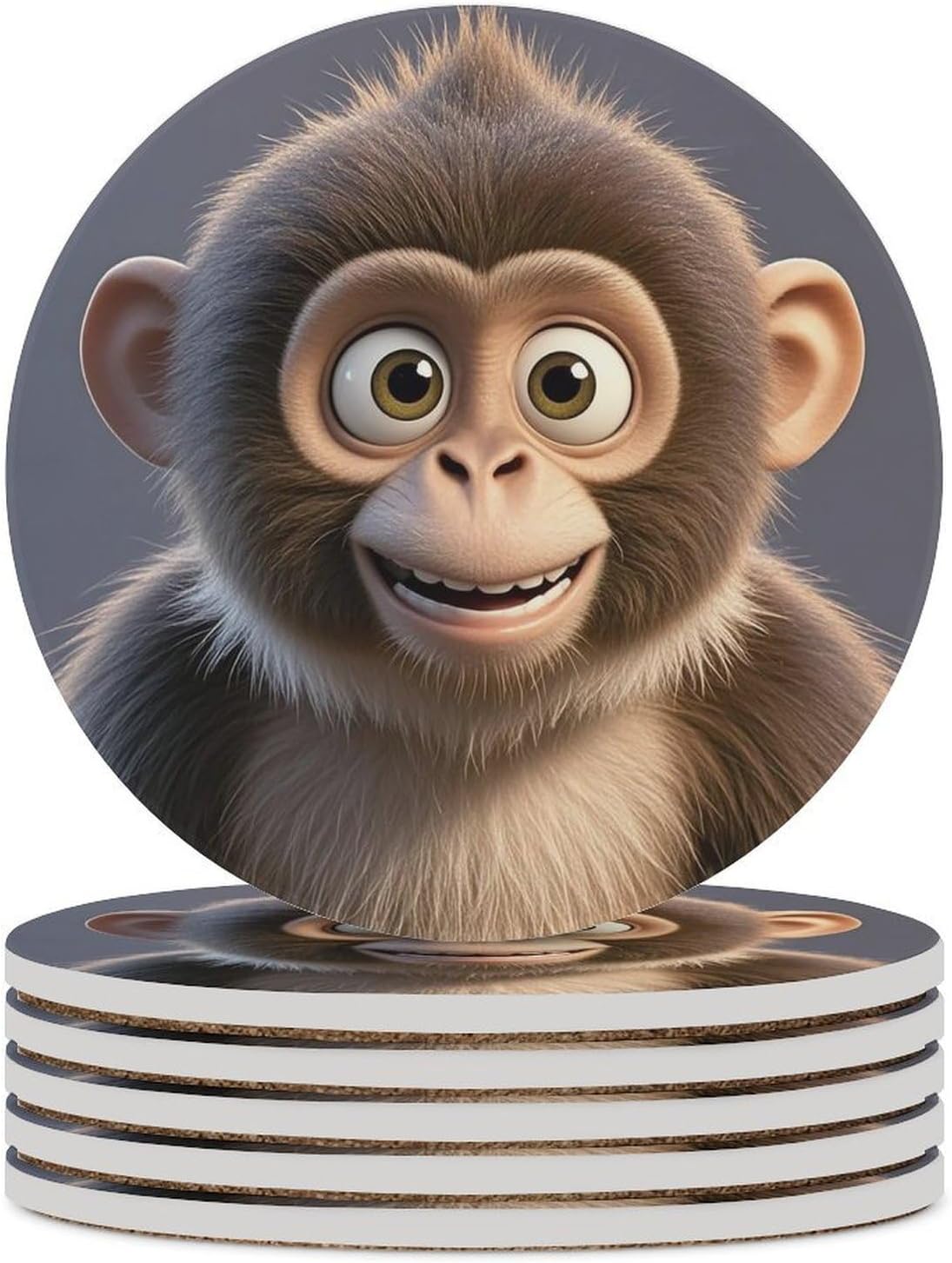6PCS Cartoon Brown Monkey Coasters Non-Slip Round Drink Coasters with Ceramic Stone and Cork Base, Heat Resistant Absorbent 33.00Stone Coaster Set for Kinds of Mugs and Cups, 4 Inch
