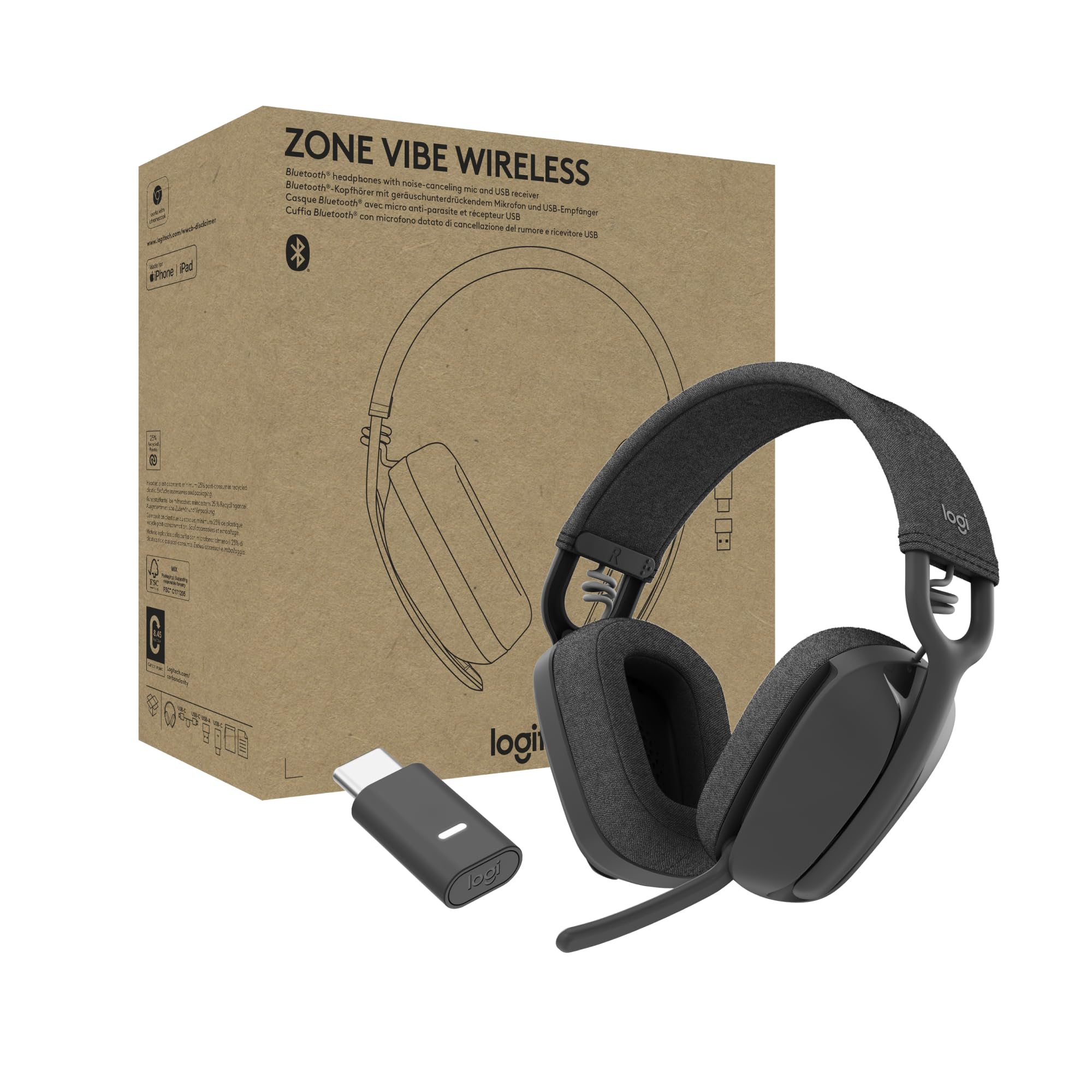 Logitech Zone Vibe Wireless Bluetooth® Auriculares | Micrófono con supresión de ruido, USB-A, USB-C, Google Meet, Google Voice, Zoom, Mac/PC - Gris