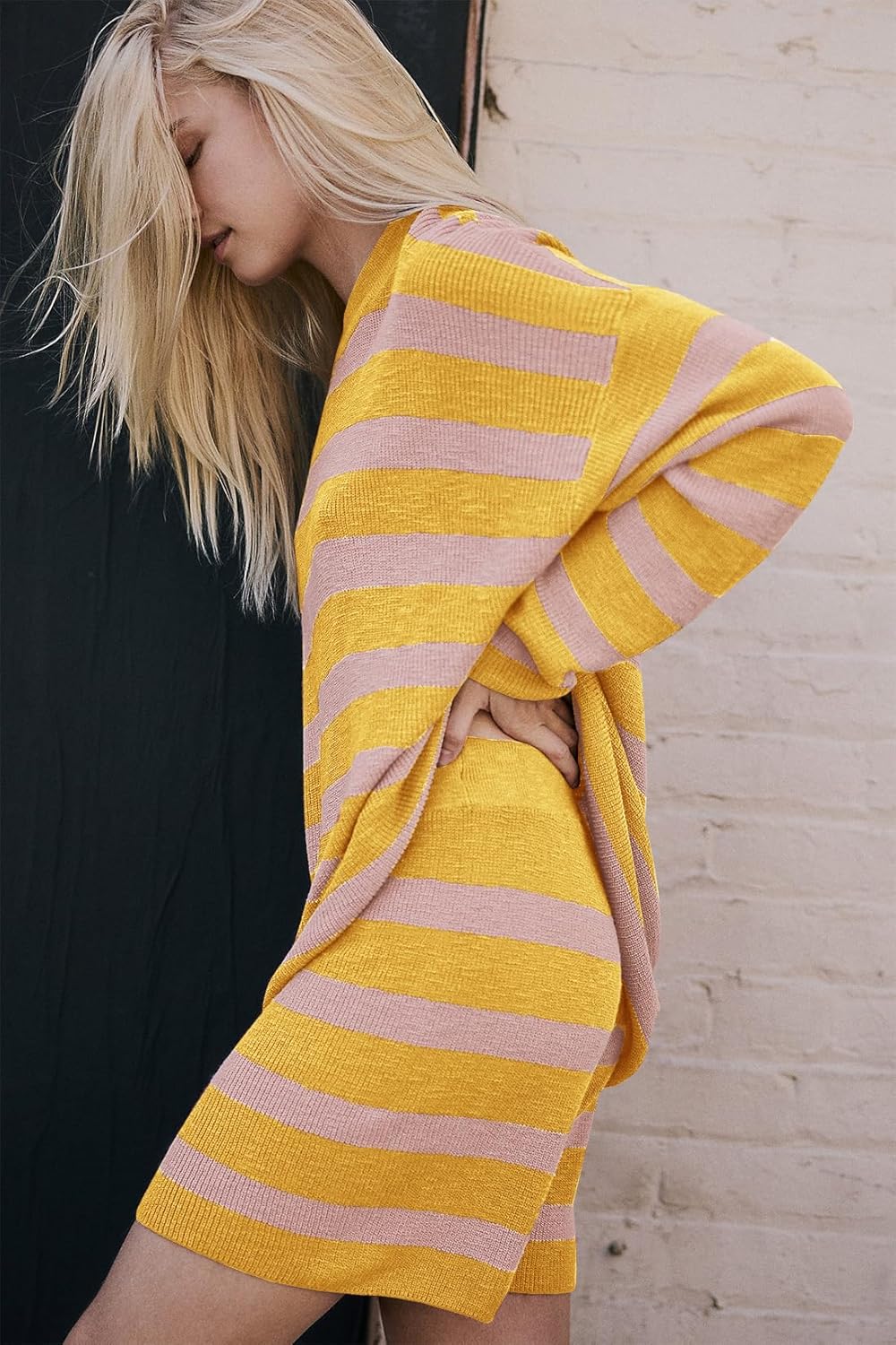 Balimtoy Women Striped Sweater Set Oversized Lounge Set Matching Pajama Sets Knit Long Sleeve 2 Piece Shorts Fall Outfits - Image 4