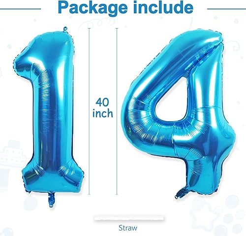 Miniatura 3 de Globos gigantes de papel aluminio azul con el número 14, globos gigantes de helio del número 14 o 41 para decoraciones de cumpleaños de 14 y 41
