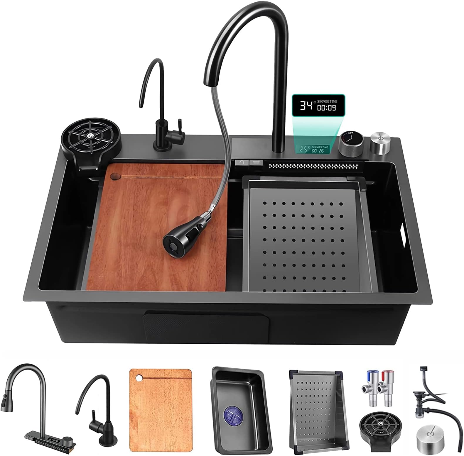 ECTbicyk Waterfall Kitchen Sink,80x46cm Single Bowl Stainless Steel Kitchen Sink,Undermount Kitchen Sink with Waterfall Faucet and Variety of Accessories