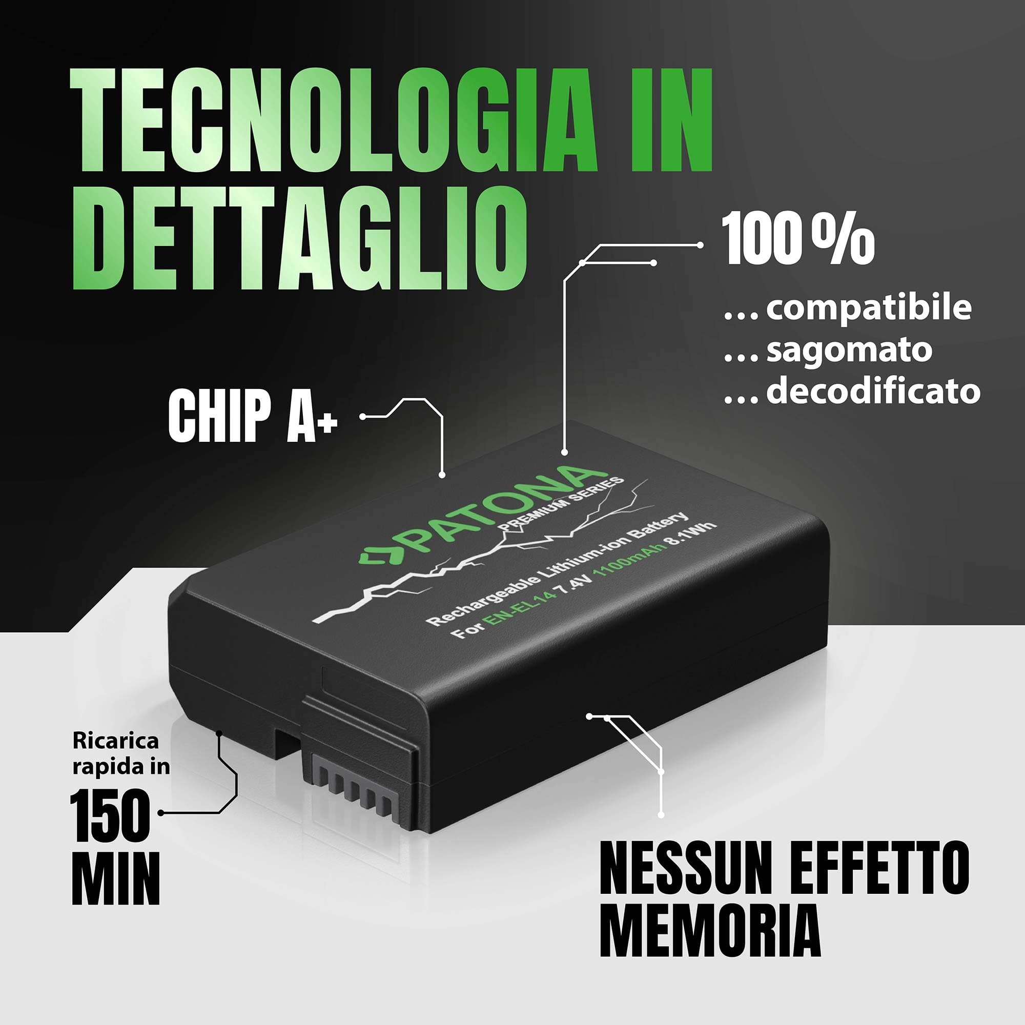 Patona batteria con Infochip di nuova generazione per Nikon EN-EL14, Coolpix P7000, Coolpix P7100, Coolpix P7700, D3100, D3200, D5100, D3100 DSLR, D5100 DSLR, D3100 DSLR, D3200 DSLR, Li-Ion, 7.4V, 1050 mAh, funziona con tutte le versioni firmware (compres