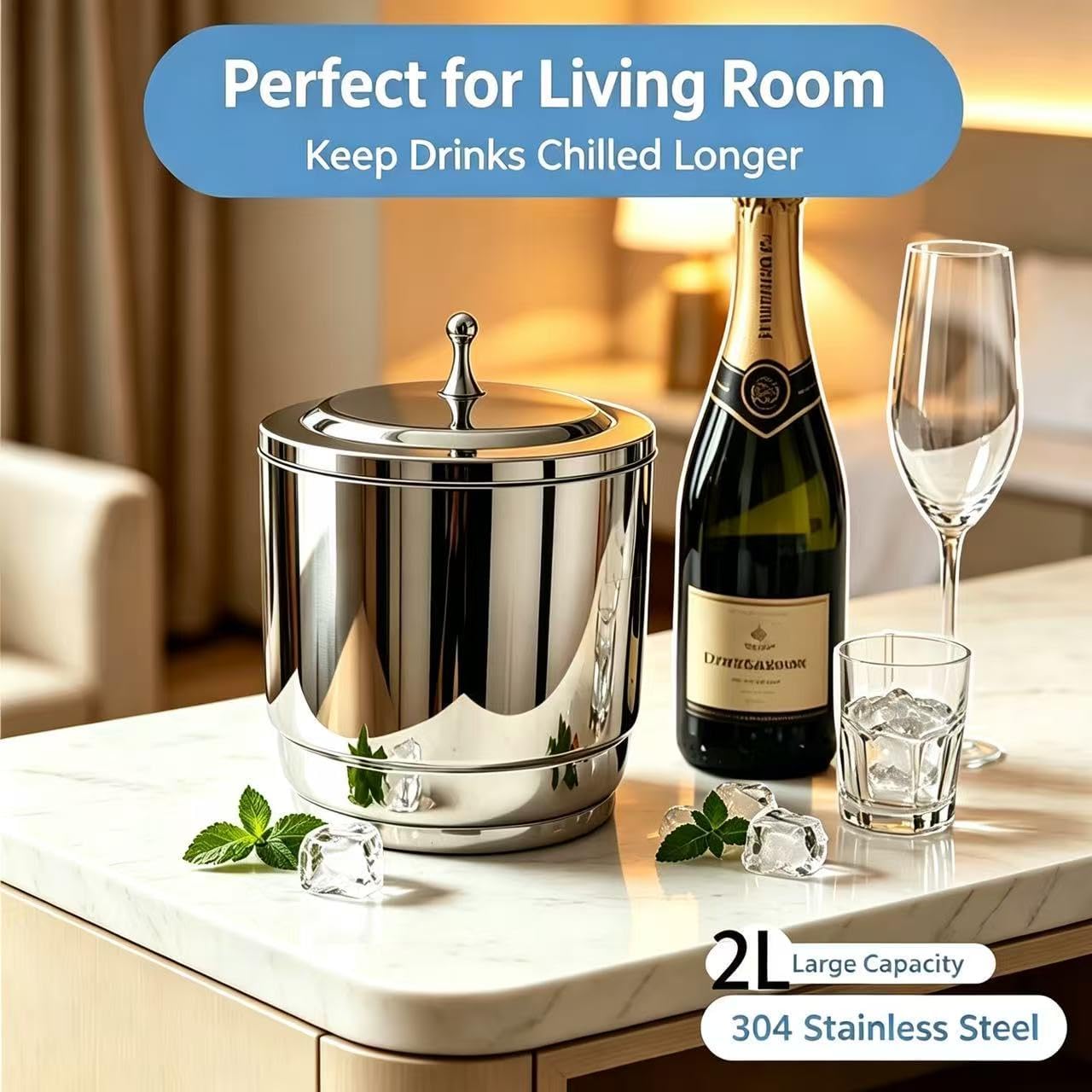 2L Double Wall 304 Stainless Steel Ice Bucket, Insulated Keep Ice Cold 8-10H For Wine Champagne