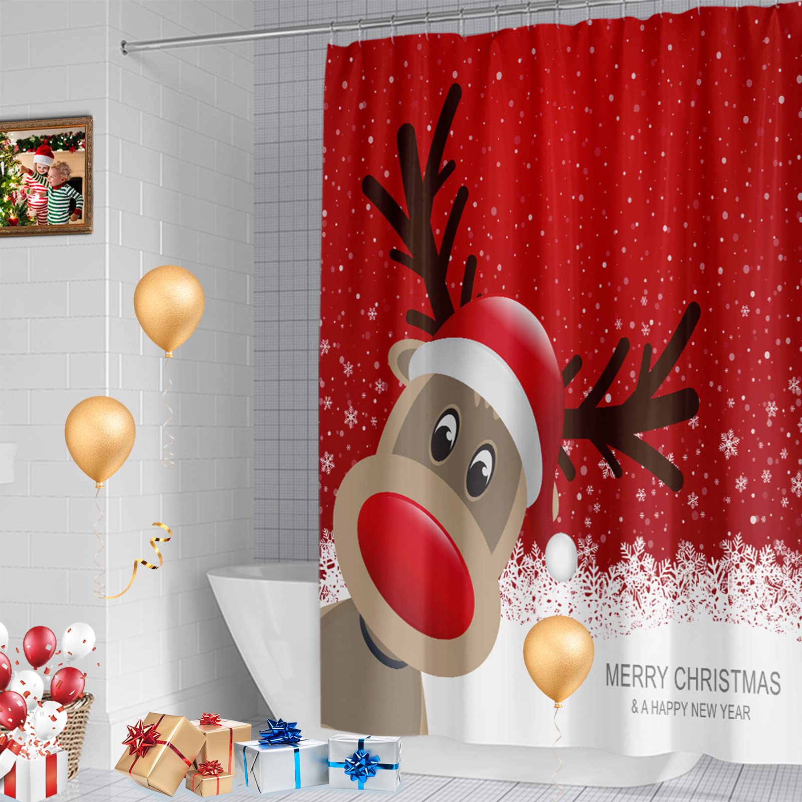 Weihnachts-Duschvorhang Mit Zwergelfen – 183 X 183 Cm, Wasserdicht, Inkl. 12 Haken, Für Festliche Badezimmer-Deko