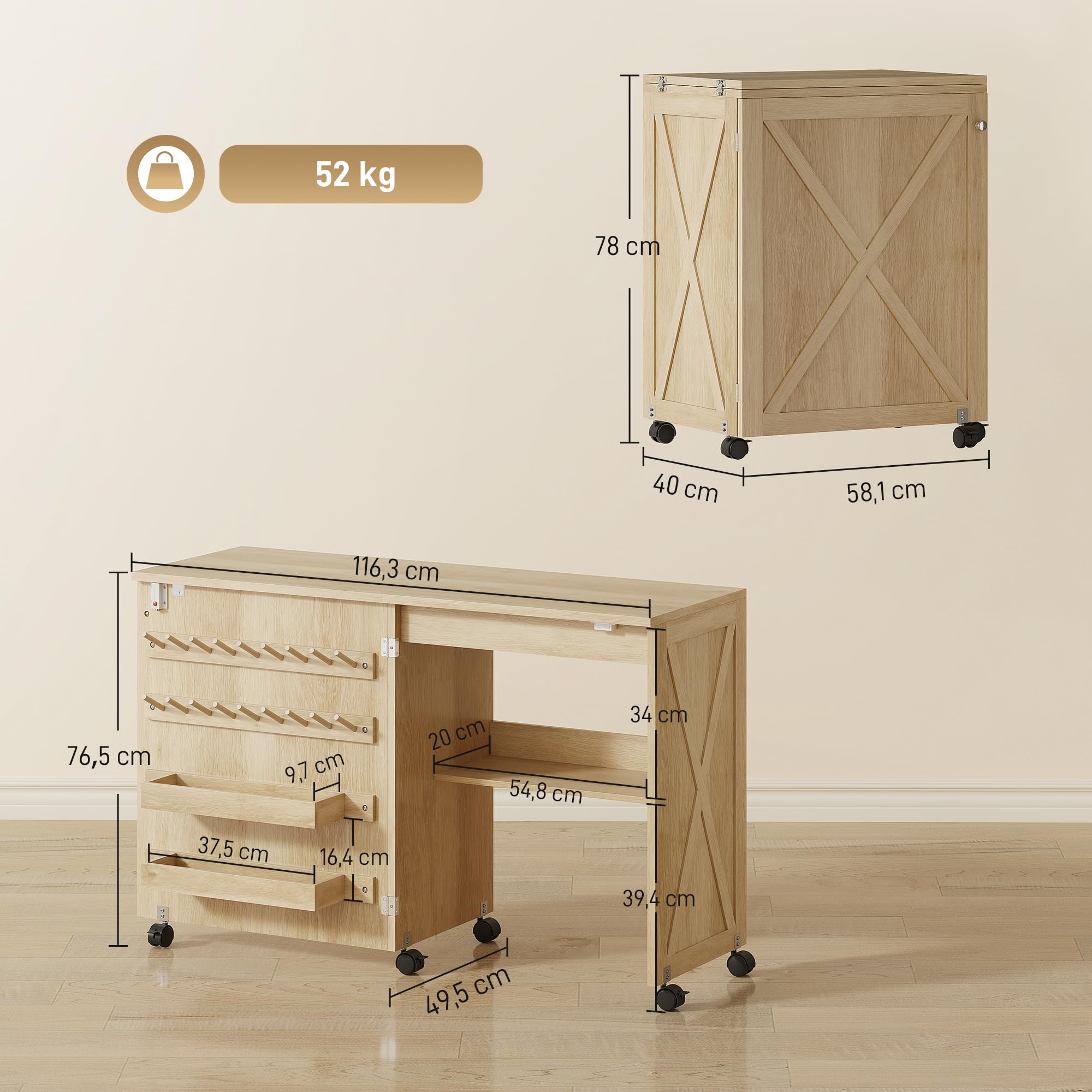 HOMCOM stół do szycia z drzwiami 2 pojemnikami 18 haczykami Naturalny