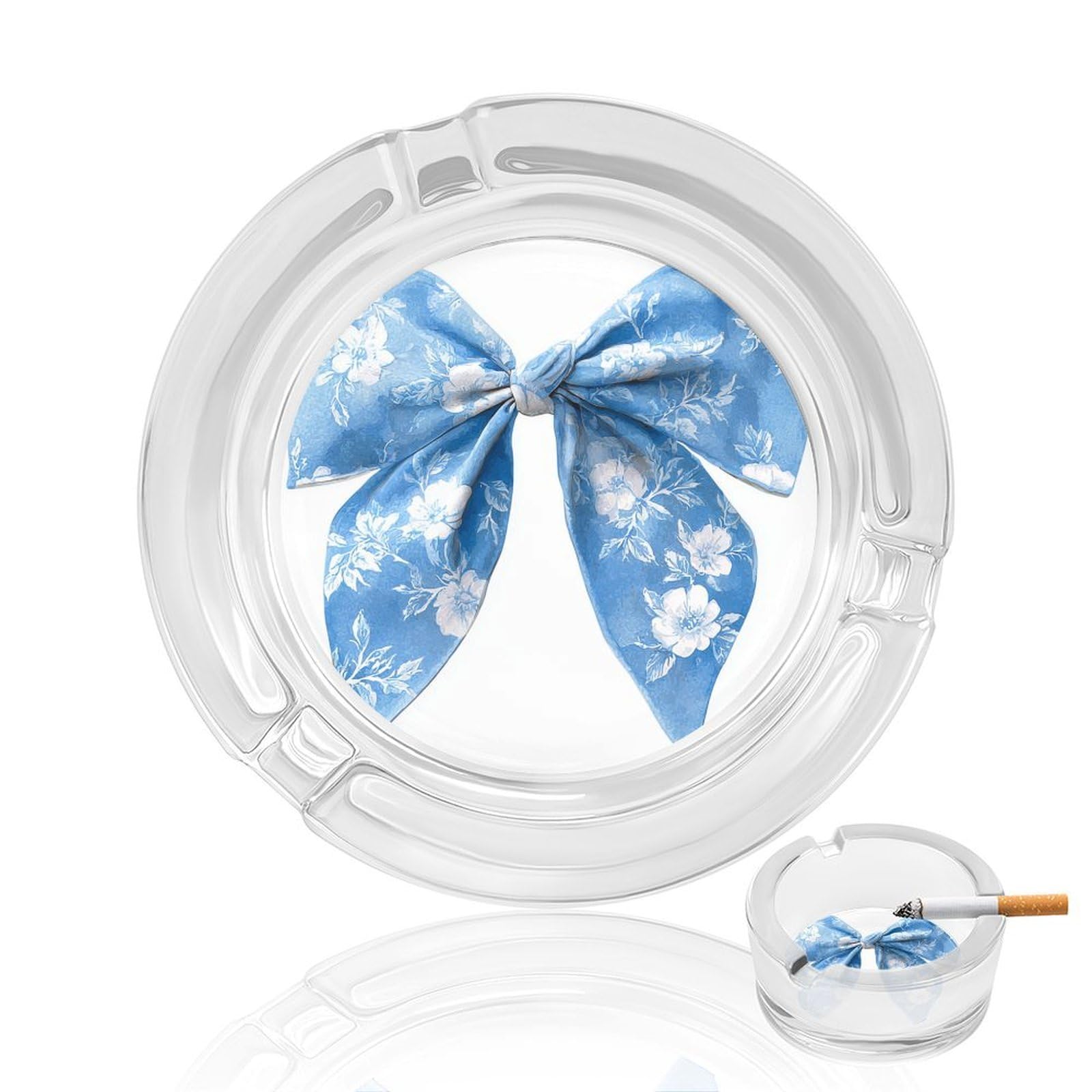 Watercolor Bow Pastel Blue with White Floral Toile Pattern Glass Ashtray for Cigarettes Portable Decorative Ash Trays for Home Office Decor