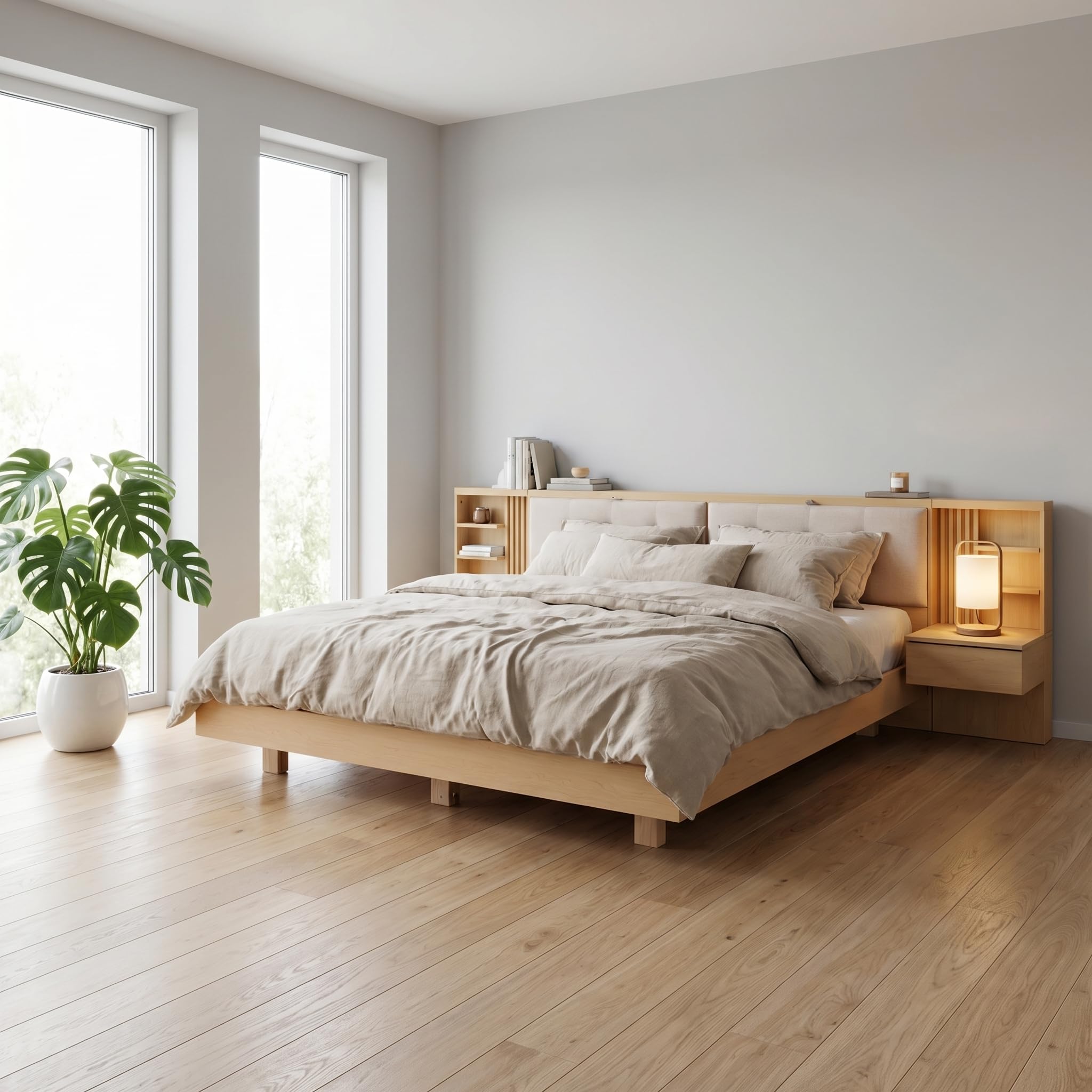 Estructura de Cama Flotante 180x200cm con Cabecero Modular Simetrico de Almacenamiento Compartimentos Abiertos Cajones de Guardado y Base de Lamas de Madera para Adultos Naturalmente