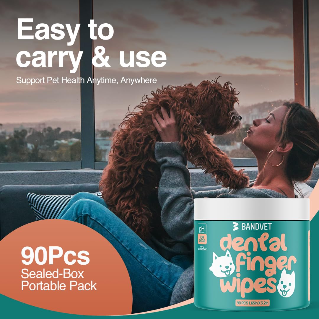 Bandvet Wrap Dog Teeth Cleaning Wipes (90 Count) - No-Rinse Cat Toothbrush, Effective Dog Breath Freshener - Essential Pet Supplies (1.65 in x 3.15 in) 3