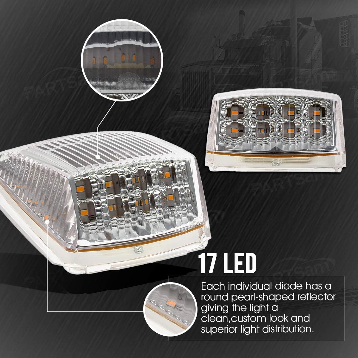 Partsam 5pcs 17 LED Clear Lens 5 * 3.75" Amber Cab Marker Top Roof Running Truck Cab Light Waterproof Top Reflective Lights Compatible with Peterbilt/Kenworth/Freightliner/Mack/