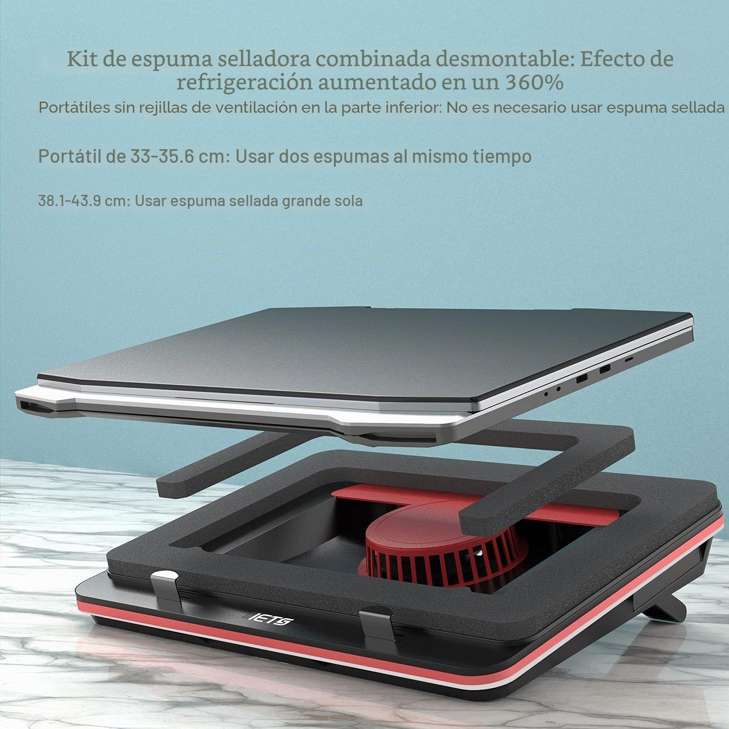 IETS GT500 Base de refrigeración para portátiles de 13"-17,3", potente y rápida, 4200 RPM, velocidad infinitamente variable, espuma de sellado, filtro antipolvo de protección