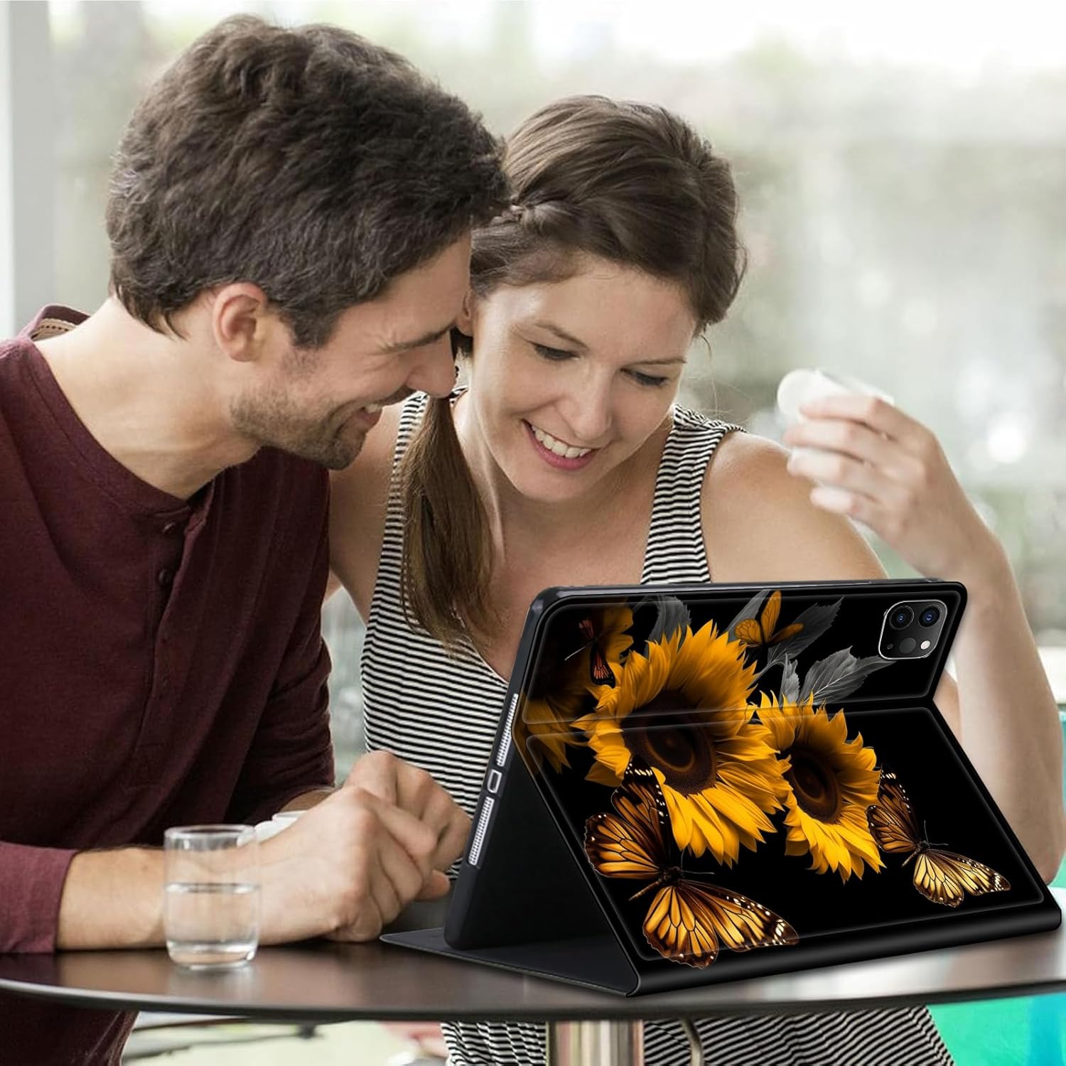 Case for iPad Air 13 Inch 2025/2024/iPad Pro 12.9 (6th/5th/4th Gen 2022/2021/2020),Slim Smart PU Leather Adjustable Stand Protective Cover with Auto Wake/Sleep,Sunflowers and Butterflies