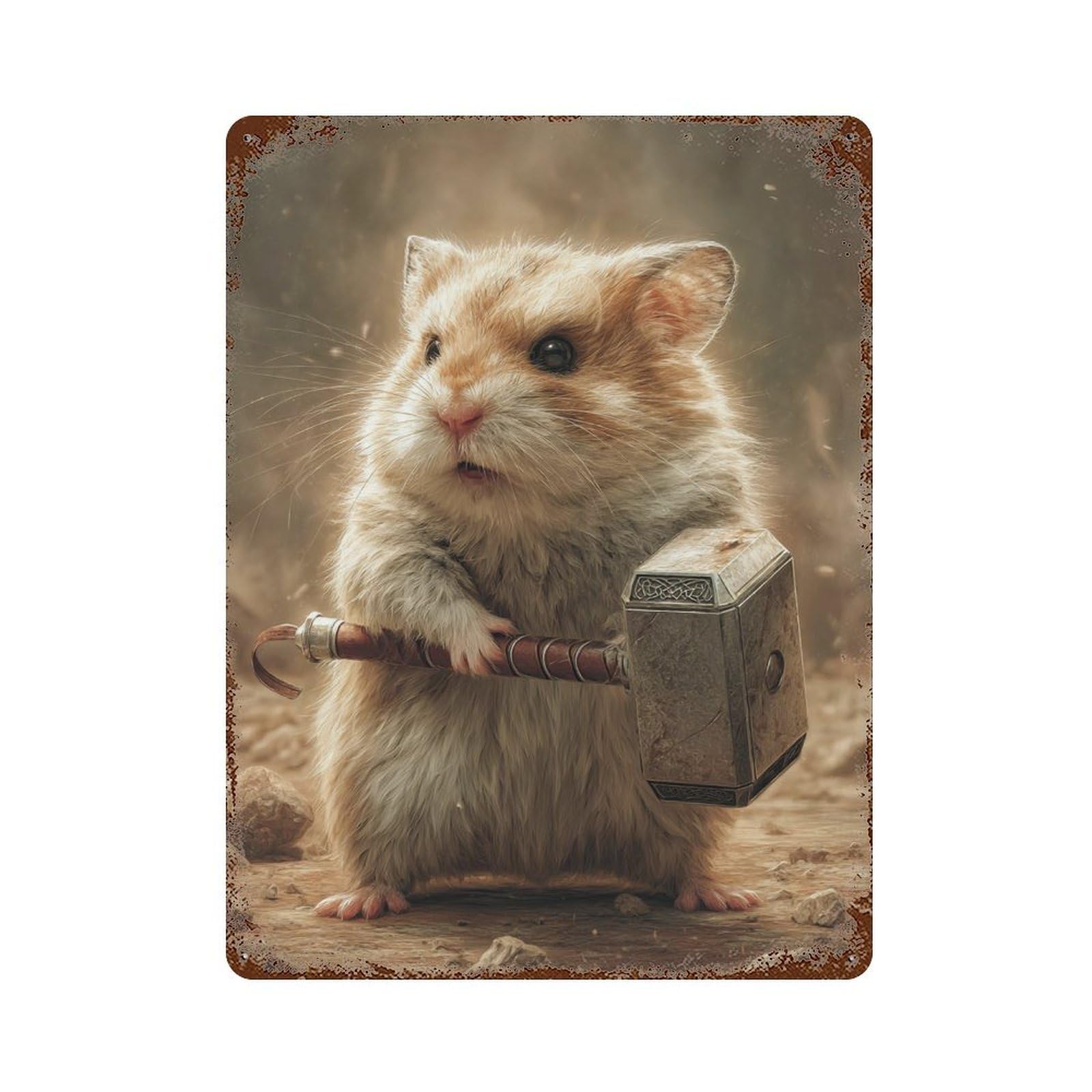 Garage Style Hamster with Thor's Hammer Distressed Metal Wall Sign 15.7"x11.8", Rustic Home Decor for Bar And Workshop