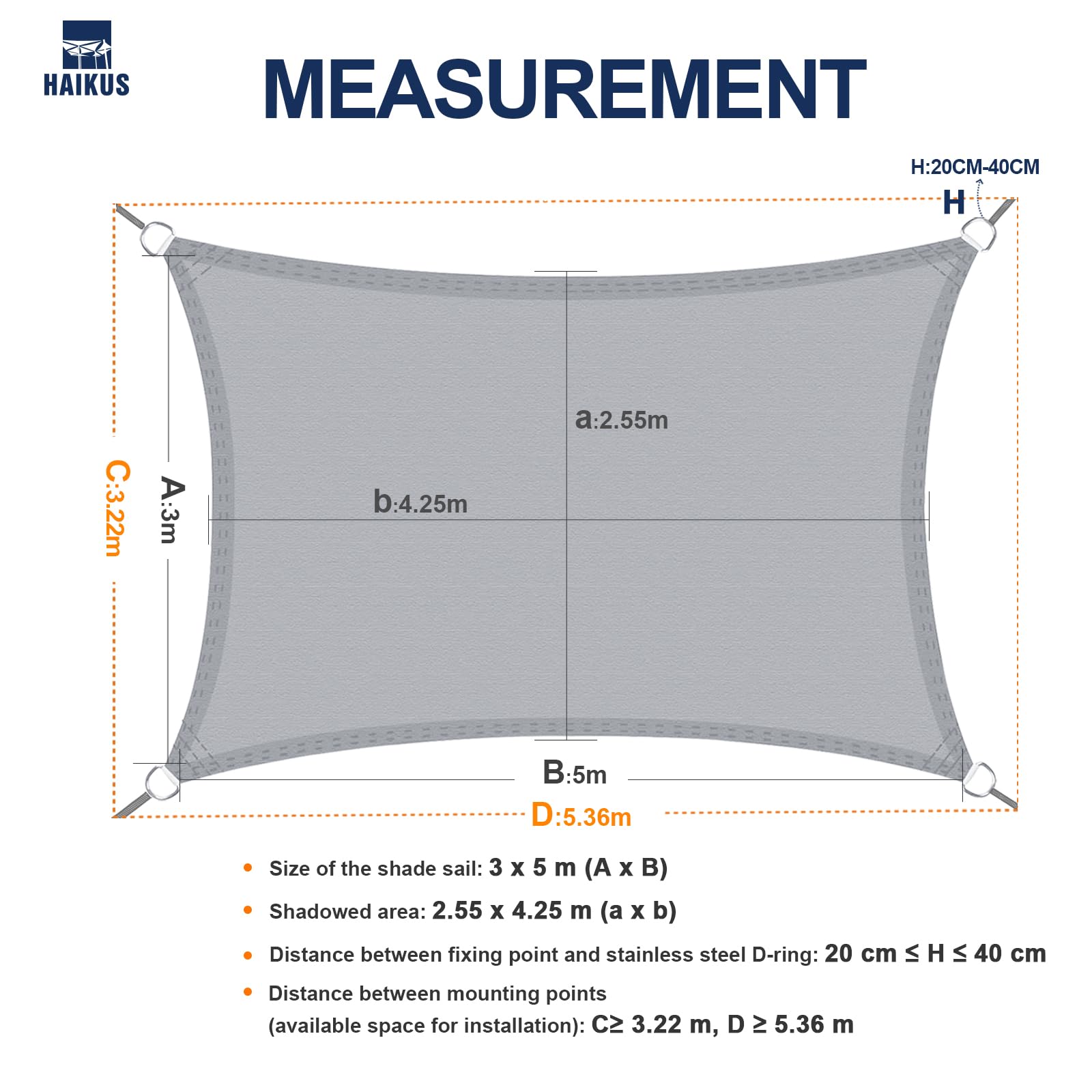 HAIKUS Tenda a Vela Impermeabile Rettangolare 3x5 m, Protezione Raggi UV 98%, Telo Ombreggiante 5x3 Impermeabile, Tenda da Sole per Esterno Giardino Terrazzo, Bianca beige