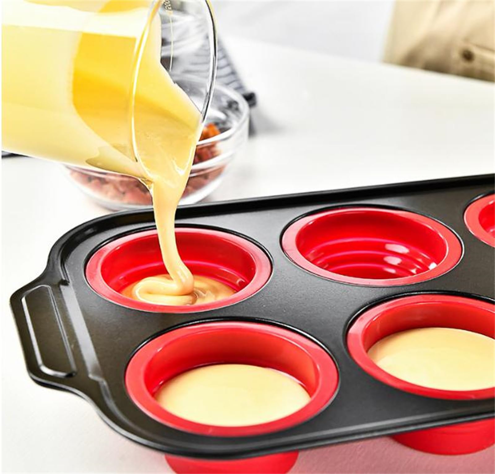 Stampo in silicone per muffin, con meccanismo a pressione e rilascio, riutilizzabile, antiaderente, per casa, cucina e feste (giallo + rosso)