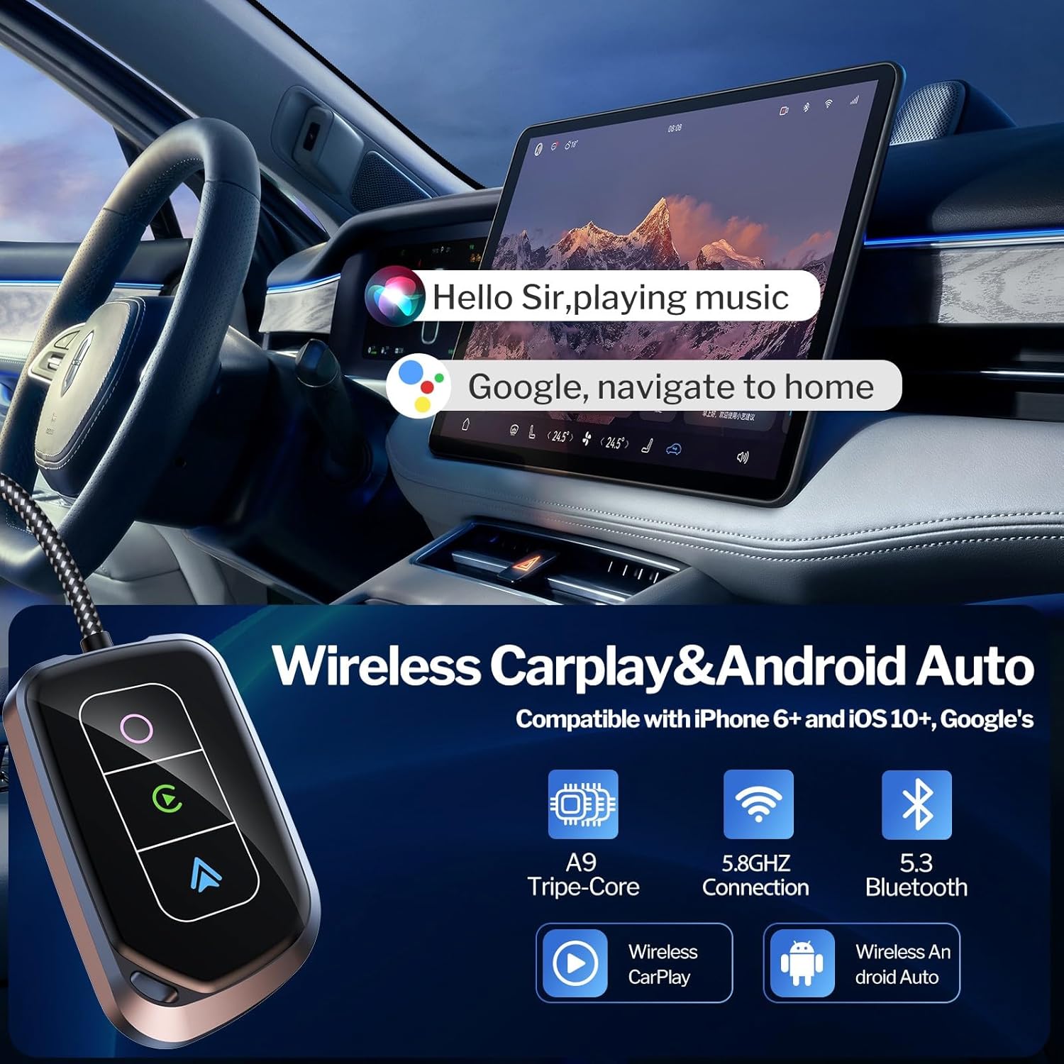 Wireless CarPlay Adapter  Android Auto Wireless Adapter 2 in 1, Wireless Control Car Play Dongle for Apple/Android, Fit for iPhone 6+ /iOS 10+  Android 12+