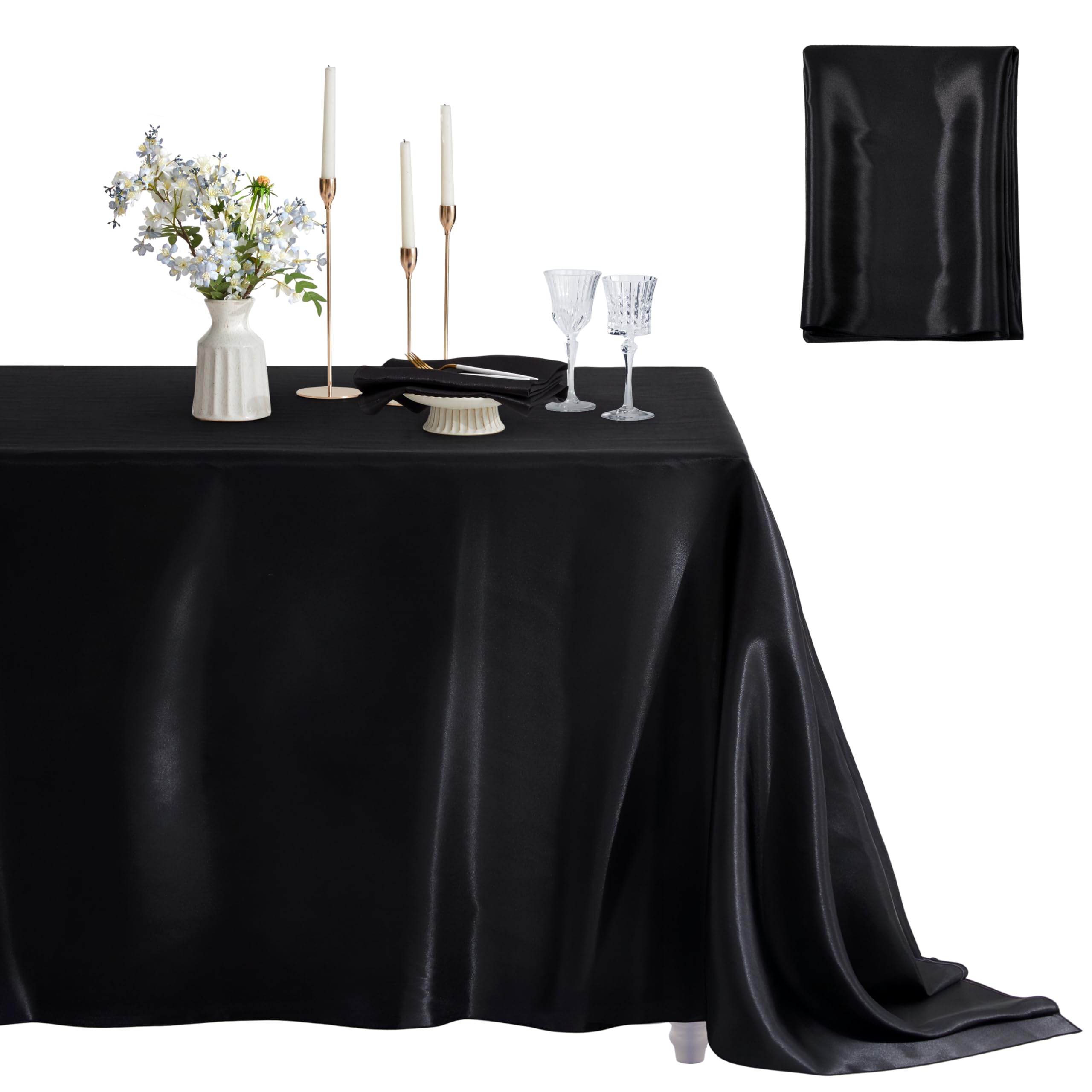 1 Pack Rectangle Tablecloth Stain Resistant Wrinkle Free Silkly Soft Table Cloth, Satin Dining Table Cloths for Dining Room, Indoor and Outdoor Use, 60 x 102 Inches, Black