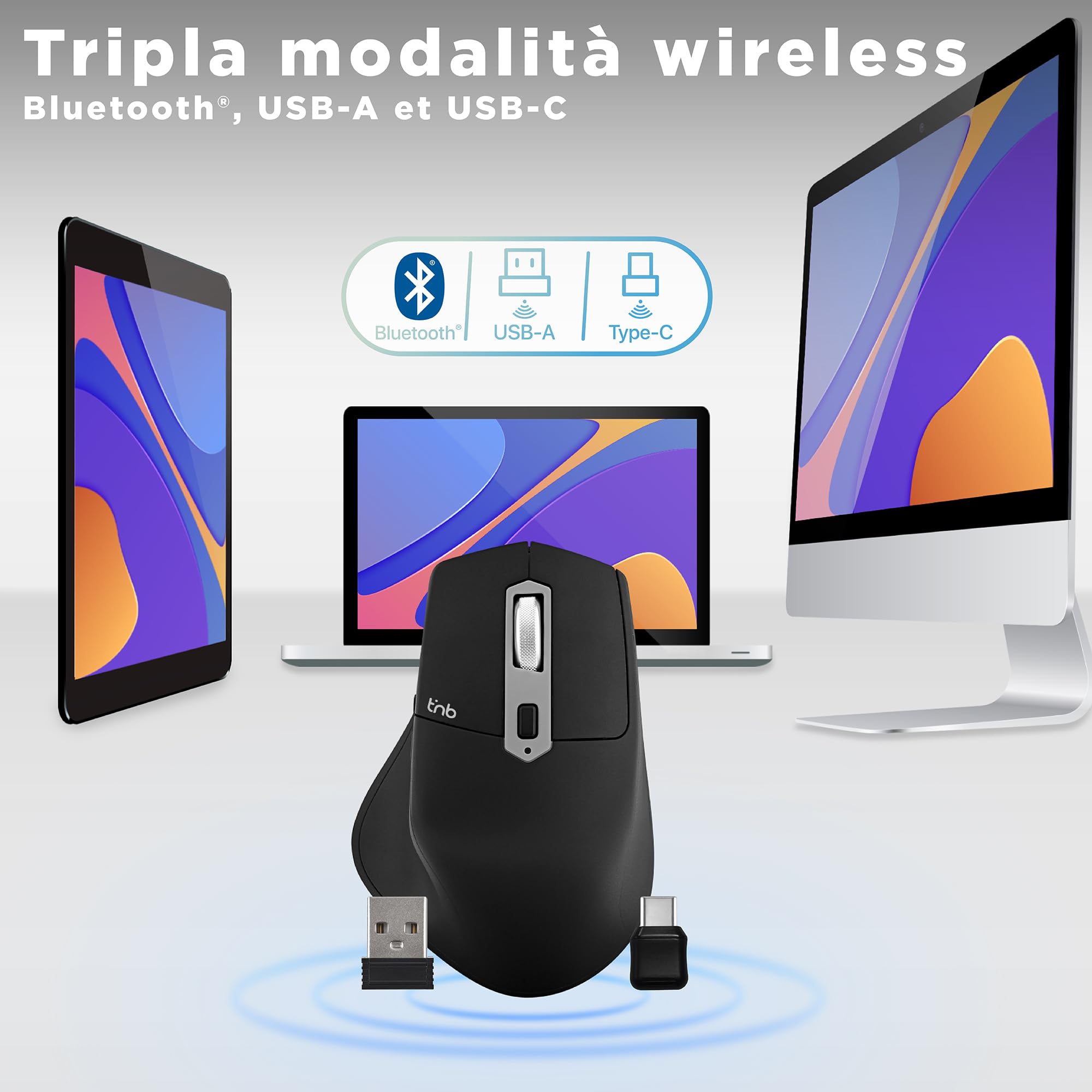 T'nB Mento Mouse 3 Modalità Bluetooth USB A e USB-C Ricaricabile Alta Durata Batteria Alta Precisione 2400 DPI Impugnatura Molto Confortevole Sensazione Naturale 7 Tasti - Nero